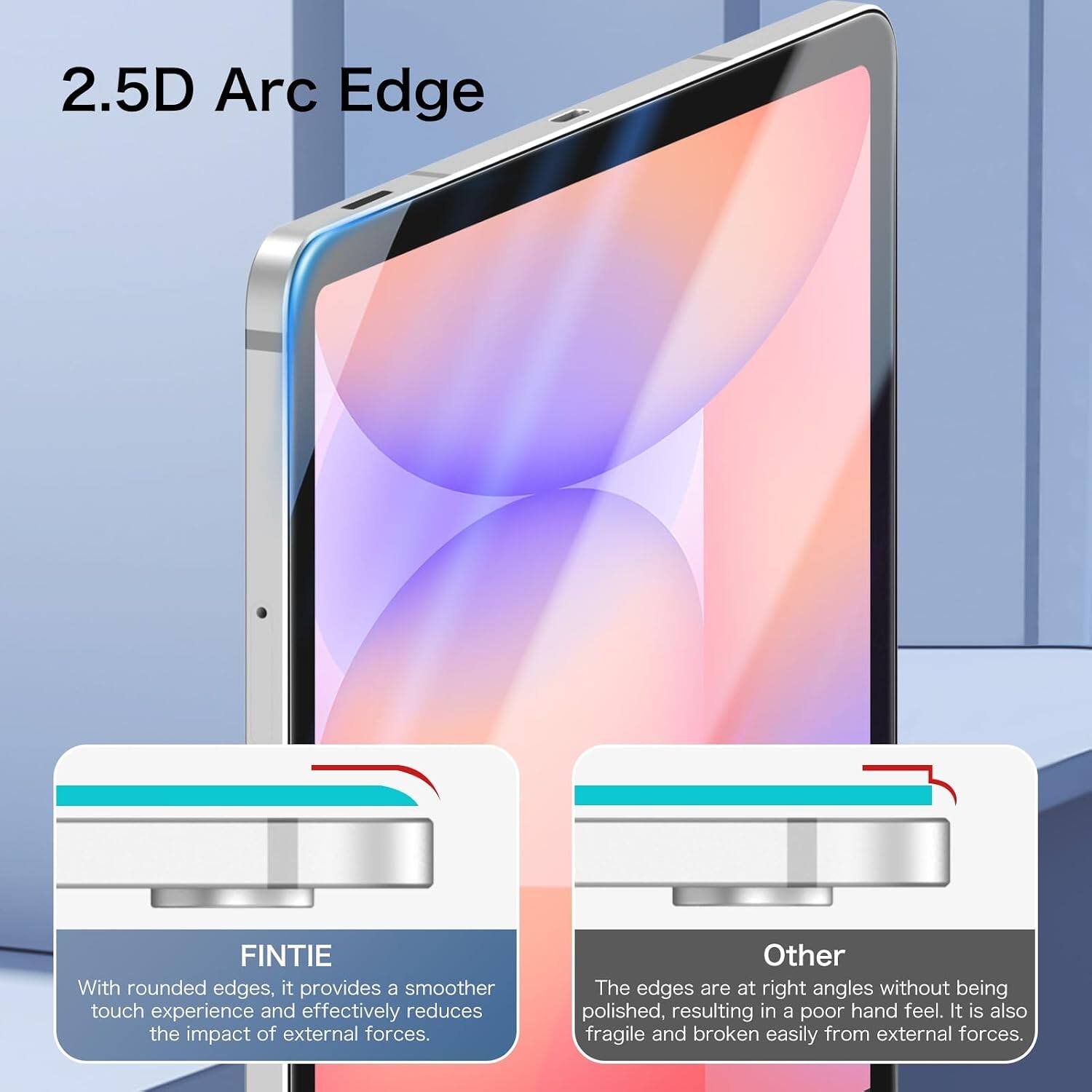 2.5D Arc Edge

FINTIE
With rounded edges, it provides a smoother touch experience and effectively reduces the impact of external forces.

Other
The edges are at right angles without being polished, resulting in a poor hand feel. It is also fragile and broken easily from external forces.
