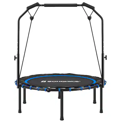 Front. Songmics Home - 40 Inches Mini Fitness Trampoline, Fitness Rebounder with Adjustable Handrail, Foldable Trampoline for At-Home Workout - Blue and Black.