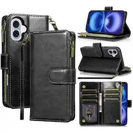 Equipd - Phone Case for iPhone 17 6.3", Luxury Wallet Card ID Zipper Money Holder Cover - Black