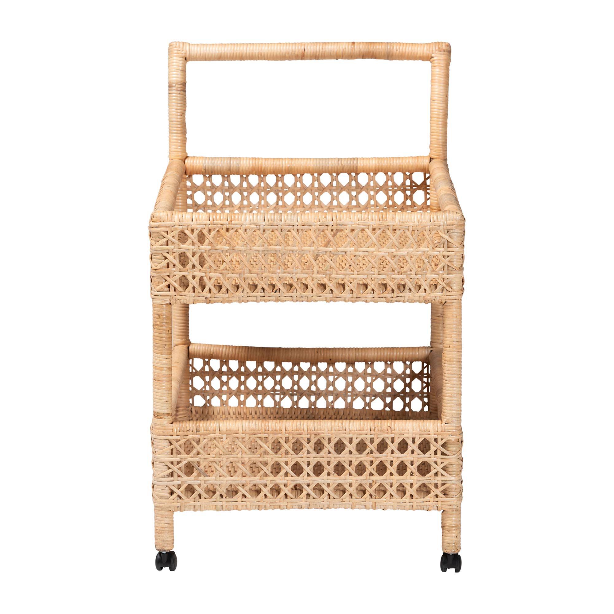Left. bali & pari - Alaina Natural Rattan Kitchen Cart - 2-Tier Handwoven Wicker Storage Trolley with Handle for Kitchen or Lounge - Natural Rattan.