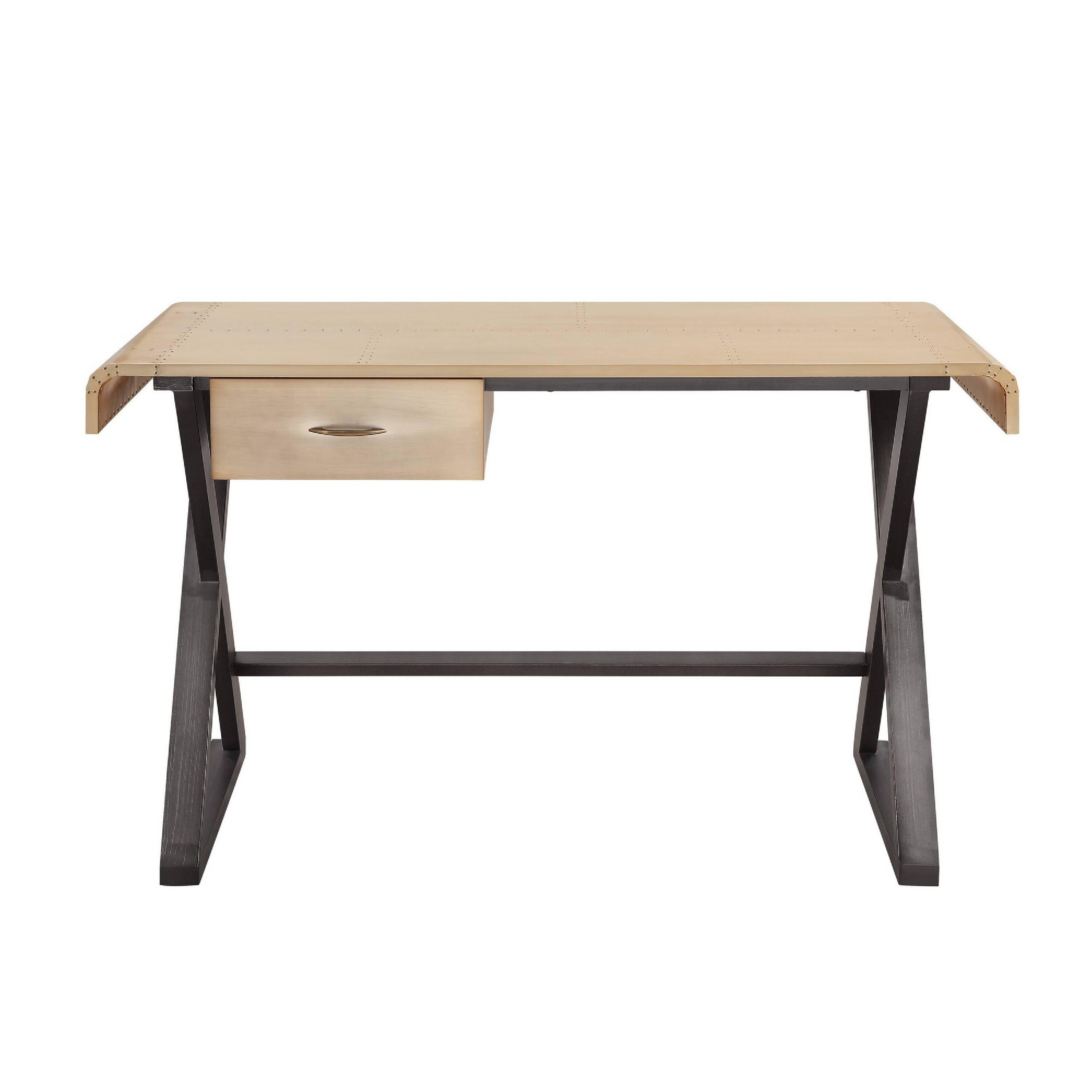 Angle. Manhattan Lane - Aluminum Patchwork Rectangular Desk with X Trestle Base, Gold and Black - Gold, Black.