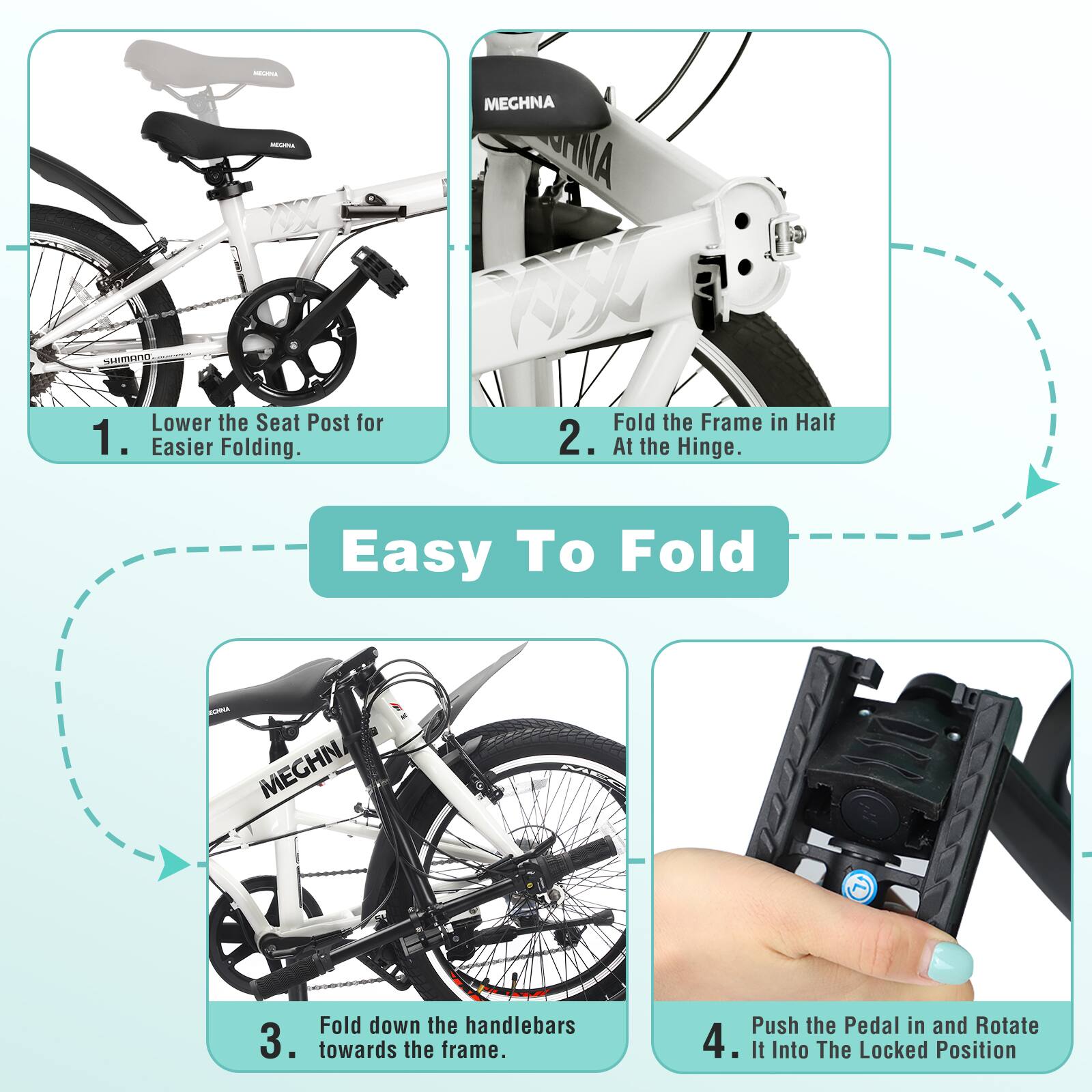 1. Lower the Seat Post for Easier Folding.

2. Fold the Frame in Half At the Hinge.

3. Fold down the handlebars towards the frame.

4. Push the Pedal in and Rotate It Into The Locked Position.