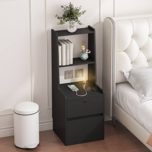 Back. LUCKY ONE - Nightstand with Charging Station Night Light Bookshelf Storage Cabinet - Black.