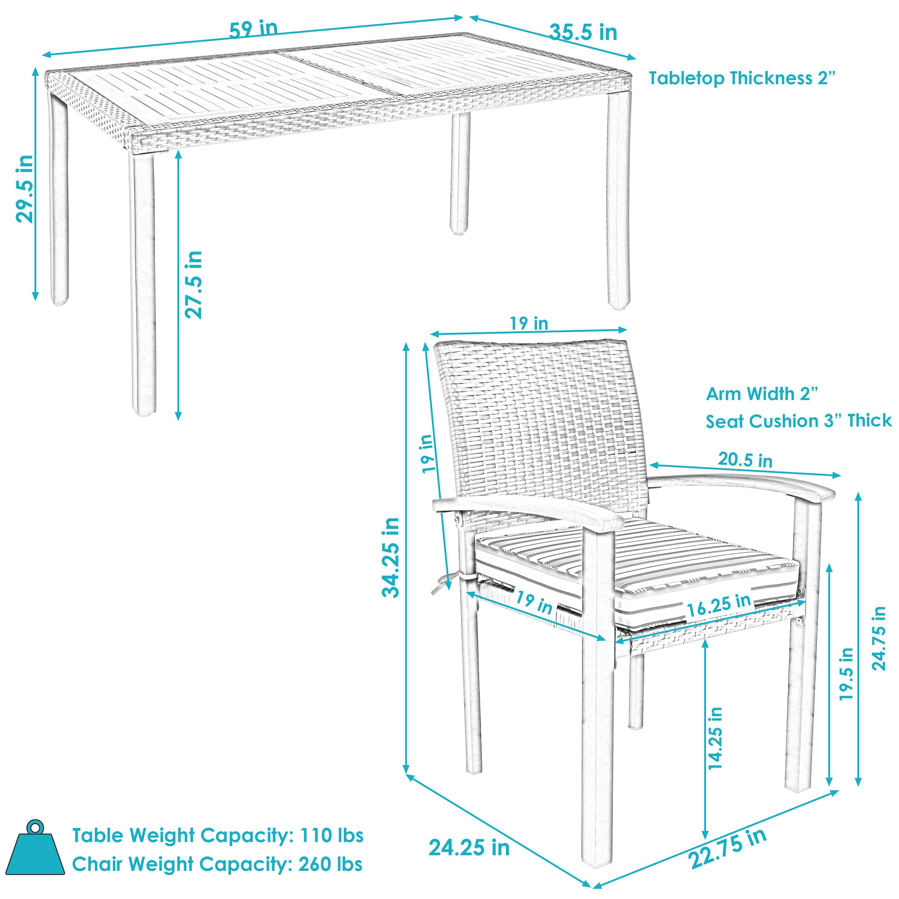 - Tabletop Thickness: 2"
- Table Dimensions: 59 in x 35.5 in
- Table Height: 29.5 in
- Table Weight Capacity: 110 lbs
- Arm Width: 2"
- Seat Cushion Thickness: 3"
- Chair Dimensions: 20.5 in (width) x 19 in (depth) x 16.25 in (seat height) x 14.25 in (back height)
- Chair Height: 34.25 in
- Chair Weight Capacity: 260 lbs