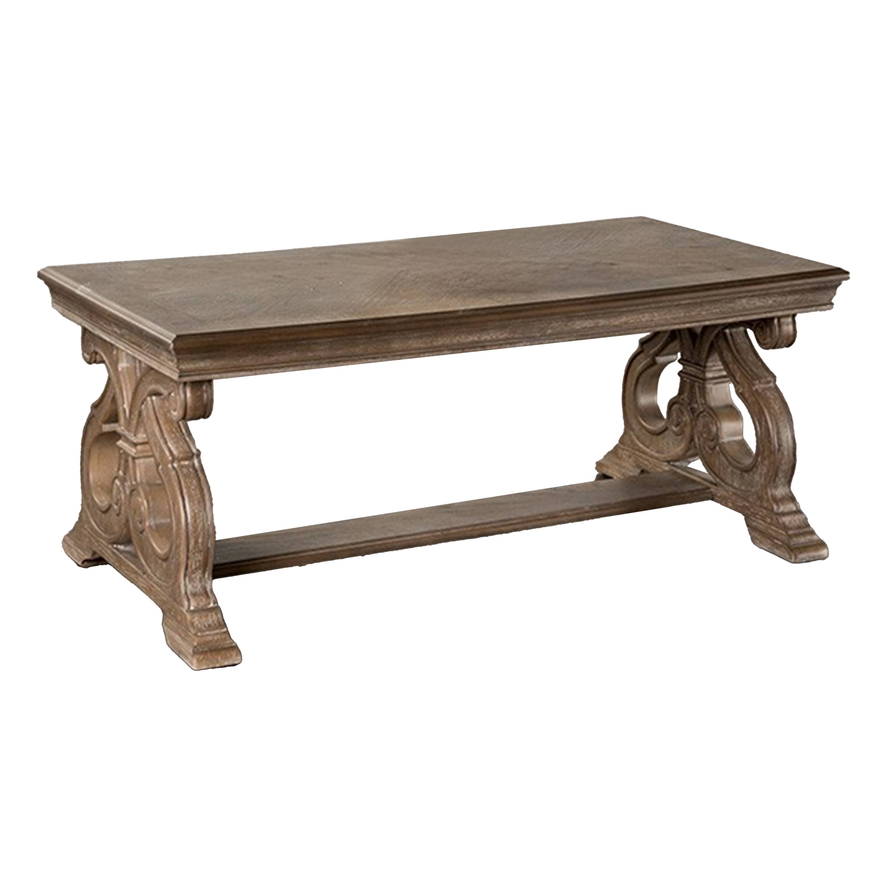Alt View 1. Manhattan Lane - Gia Coffee Table, 52 Inch Rectangular Top, Carved Details, Brown Solid Wood - Brown.