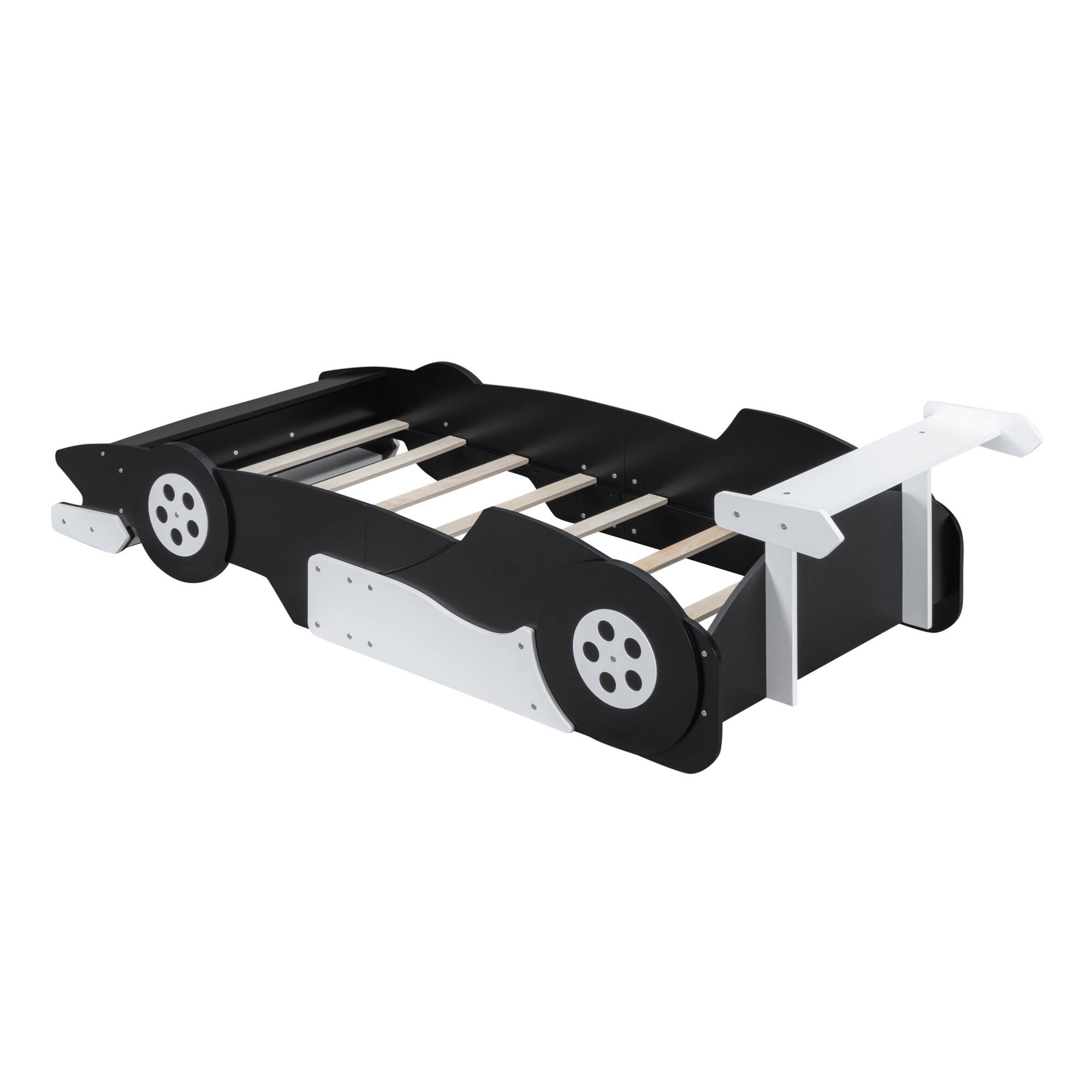Alt View 2. GOODSILO - Twin Size Youth Race Car Themed Platform Bed with Side Rails and Decorative Wheels - Black.