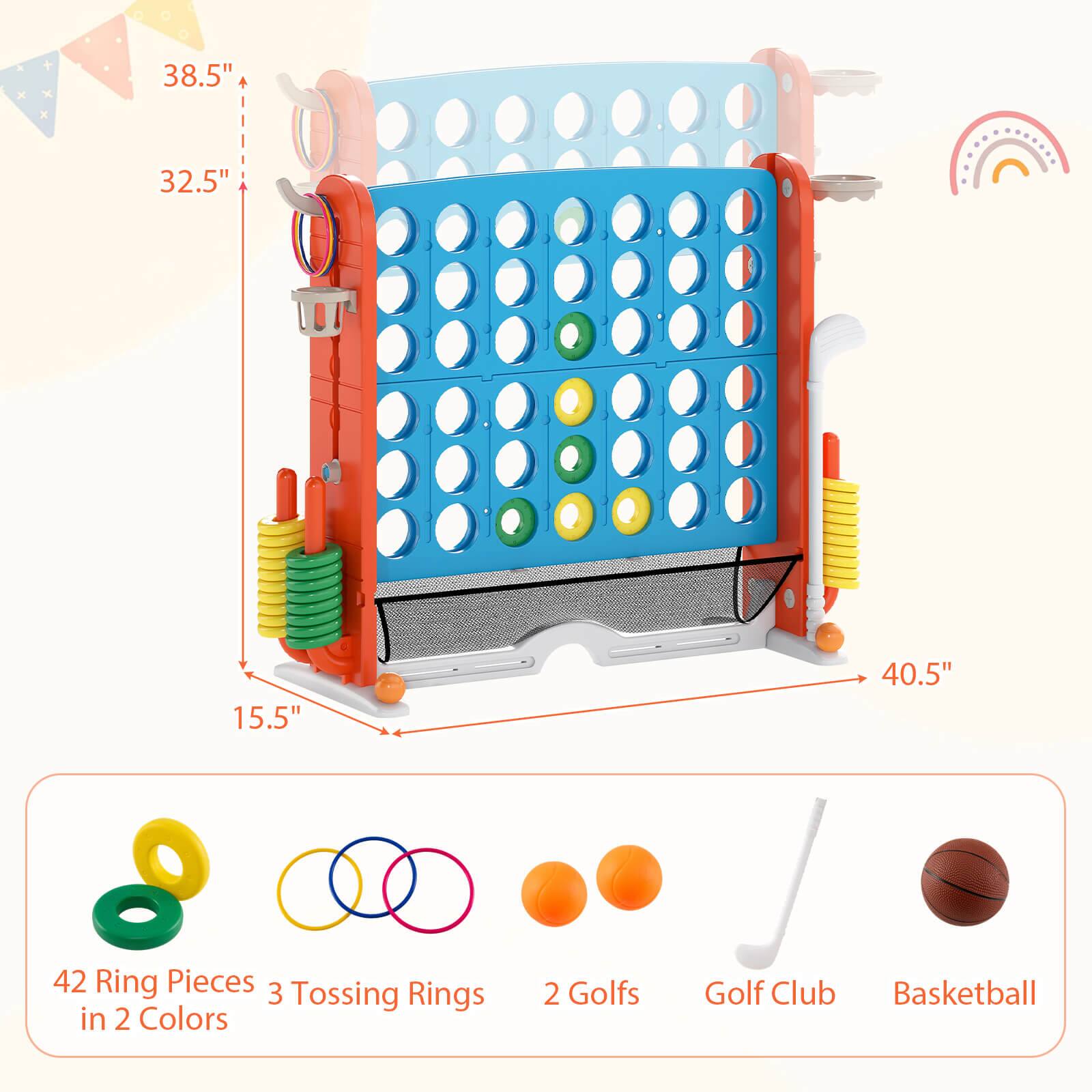 38.5"  
32.5"  
15.5"  
40.5"  

42 Ring Pieces in 2 Colors  
3 Tossing Rings  
2 Golf Balls  
Golf Club  
Basketball