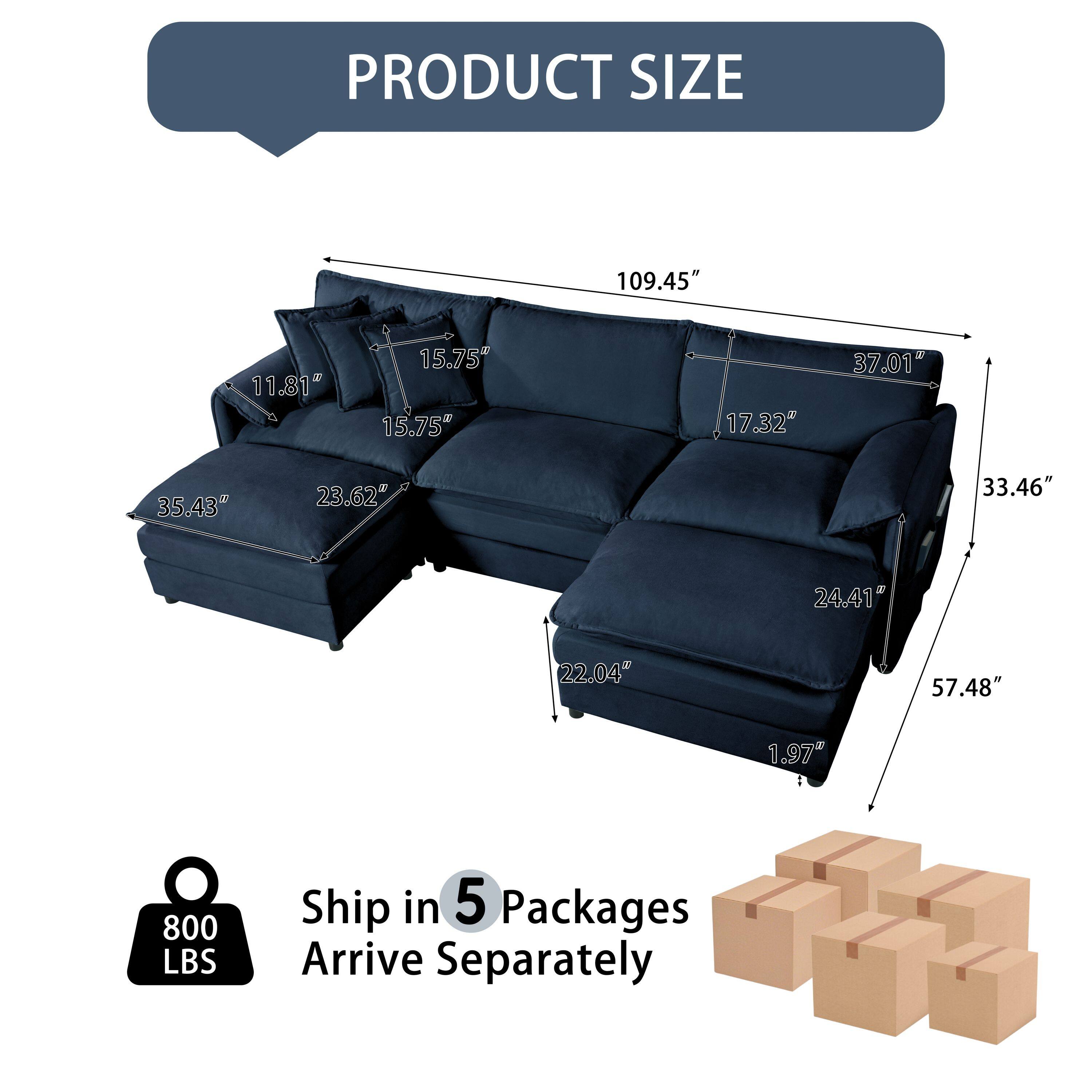 PRODUCT SIZE  
109.45" x 37.01" x 33.46"  
11.81" x 15.75" x 15.75" x 17.32" x 35.43" x 23.62" x 24.41" x 22.04" x 57.48" x 1.97"  
800 LBS  
Ship in 5 Packages  
Arrive Separately