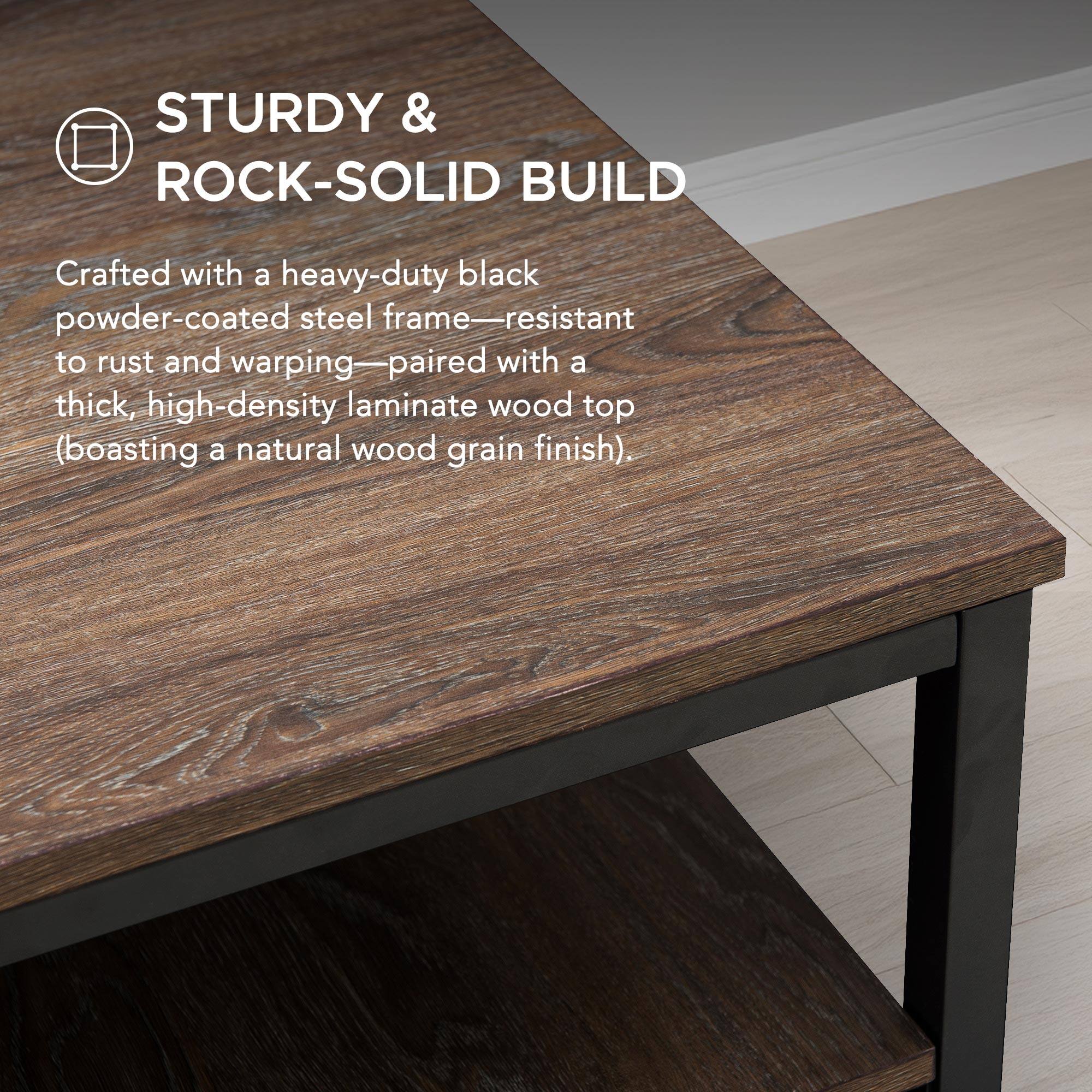 STURDY & ROCK-SOLID BUILD  
Crafted with a heavy-duty black powder-coated steel frame—resistant to rust and warping—paired with a thick, high-density laminate wood top (boasting a natural wood grain finish).
