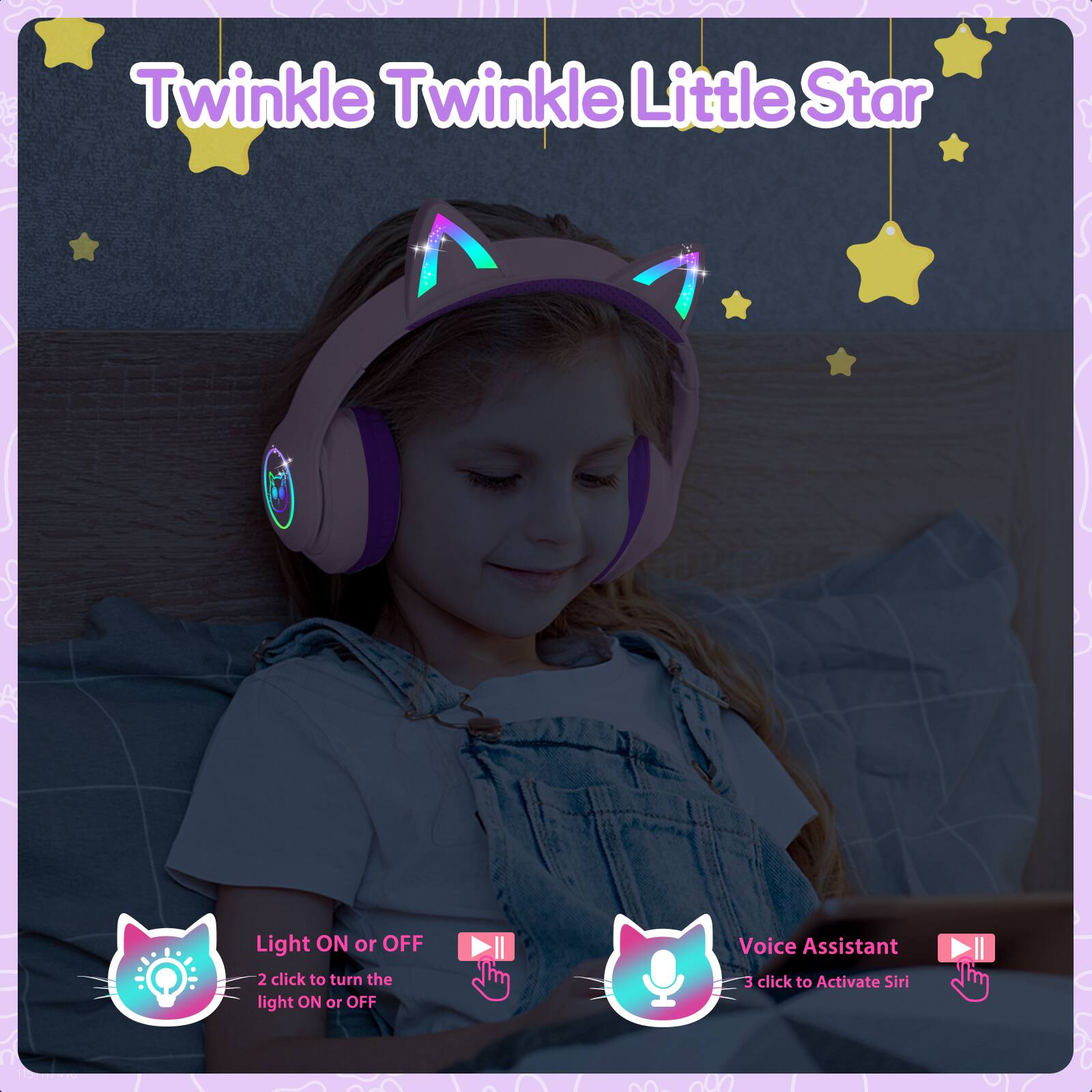 Twinkle Twinkle Little Star

Light ON or OFF
2 click to turn the light ON or OFF

Voice Assistant
3 click to Activate Siri