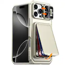 Dteck - Rugged Shockproof Flip Stand RFID Wallet Case Sliding Camera Lens Cover for Apple iPhone 15 Pro Max - Titaniumgold