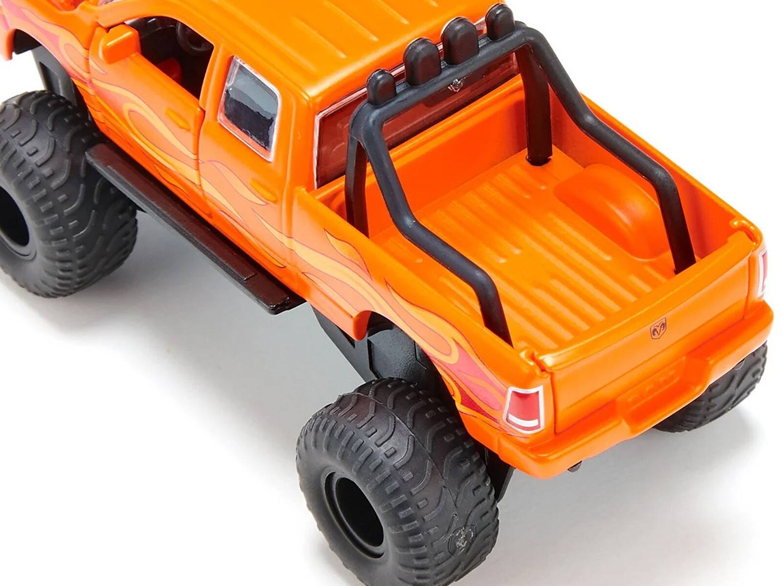 Back. SIKU - Ram 1500 Pickup Truck Lifted with Balloon Tires Orange with Flames 1/50 Diecast Model by Siku - Orange.