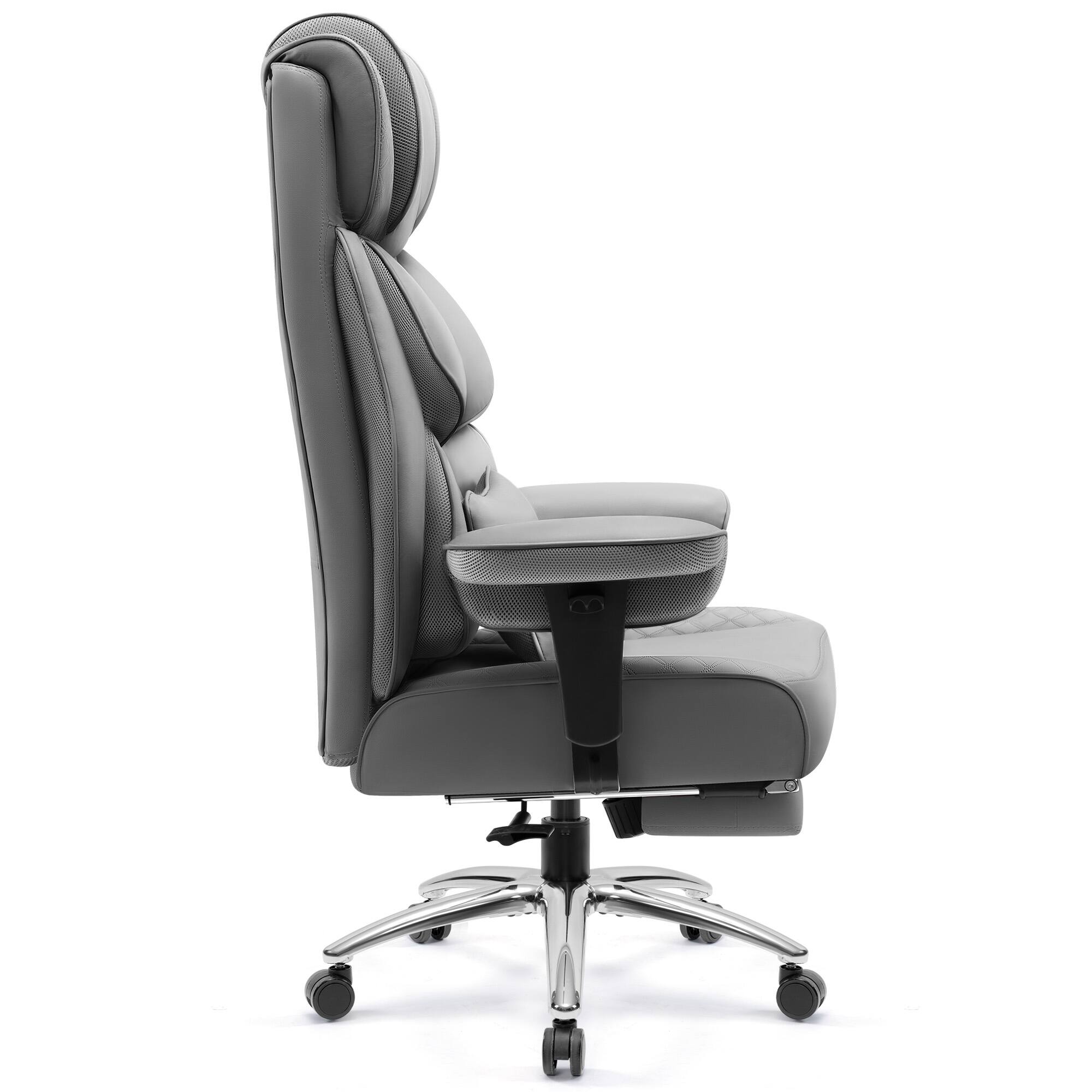 Left. Brick Attic - Big and Tall Ergonomic Office Chair, Wide Executive Leather Reclining Gaming Chair with Footrest - Grey.