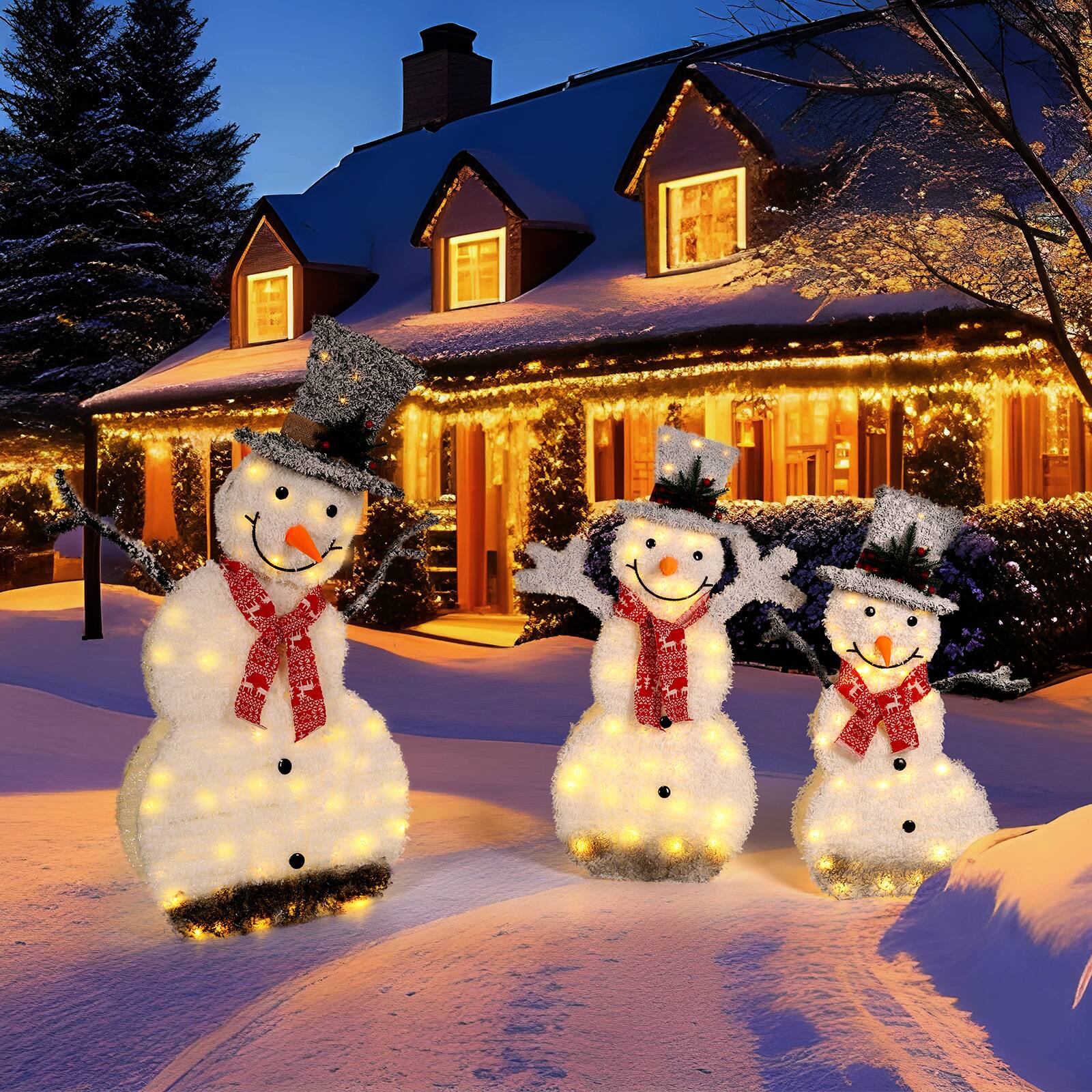 Alt View 4. Oumilen - Pre‑Lit Flocked Snowman Yard Decoration – 37.2in Lighted Snowman with Top Hat & Red Scarf for Outdoor Lawn.