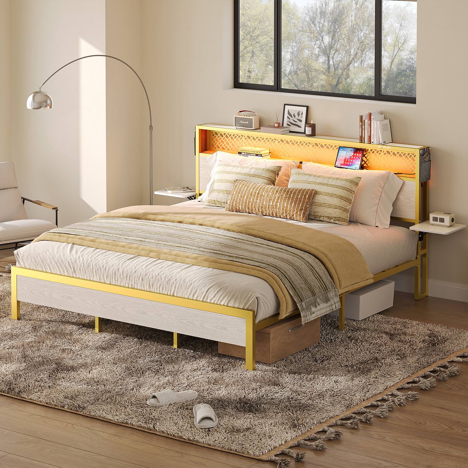 Back. Bestier - Queen Gaming Bed Frame with Headboard Foldable Shelves LED Lighting Charging Station Non-Slip Metal - White Oak.