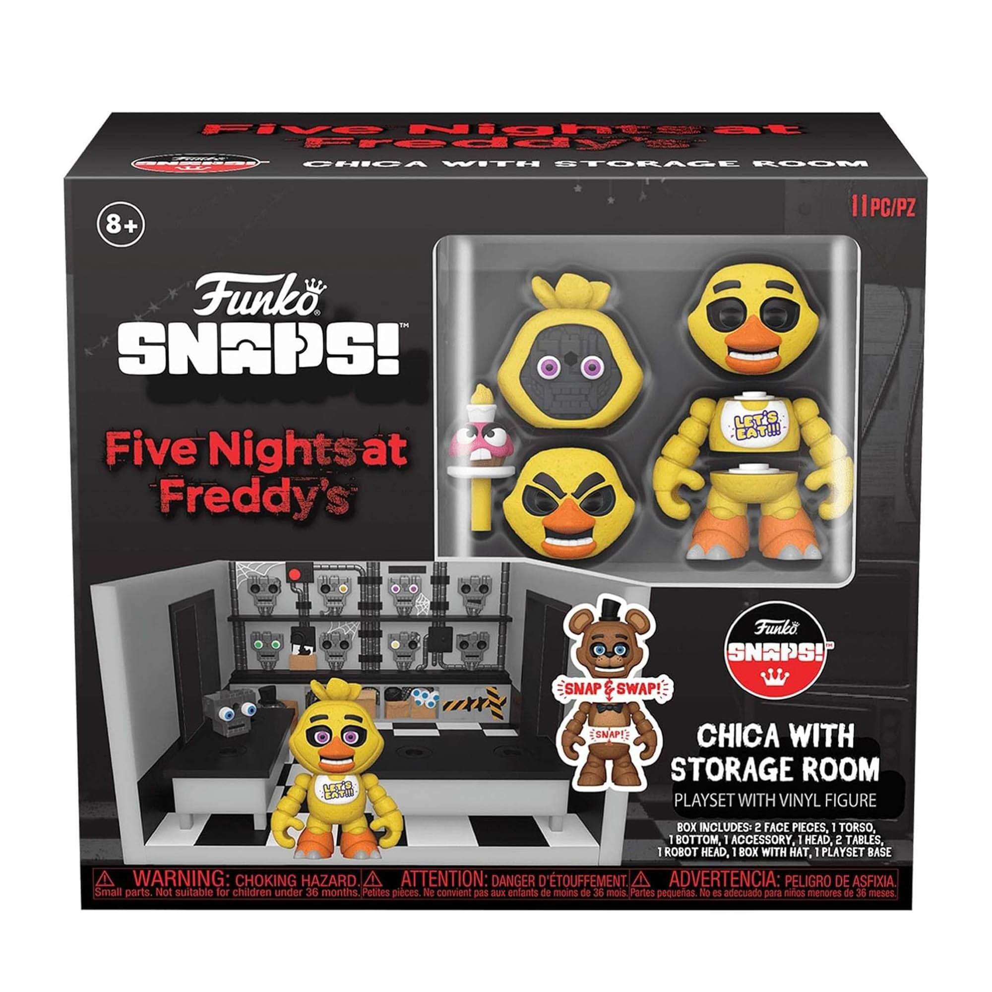 **Funko Snaps!**

**Five Nights at Freddy's**

**Chica with Storage Room**

**8+**

**11 PC/PZ**

**Playset with Vinyl Figure**

**Box Includes:**
- 2 Face Pieces
- 1 Torso
- 1 Bottom
- 1 Accessory
- 1 Head
- 2 Tables
- 1 Robot Head
- Box with Hat
- 1 Playset Base

**Snap & Swap!**

**Warning: Choking Hazard**
- Small parts. Not suitable for children under 36 months.
- Petites pièces. Ne convient pas aux enfants de moins de 36 mois.
- Partes pequeñas. No es adecuado para niños menores de 36 meses.

**Let's Eat!!!**