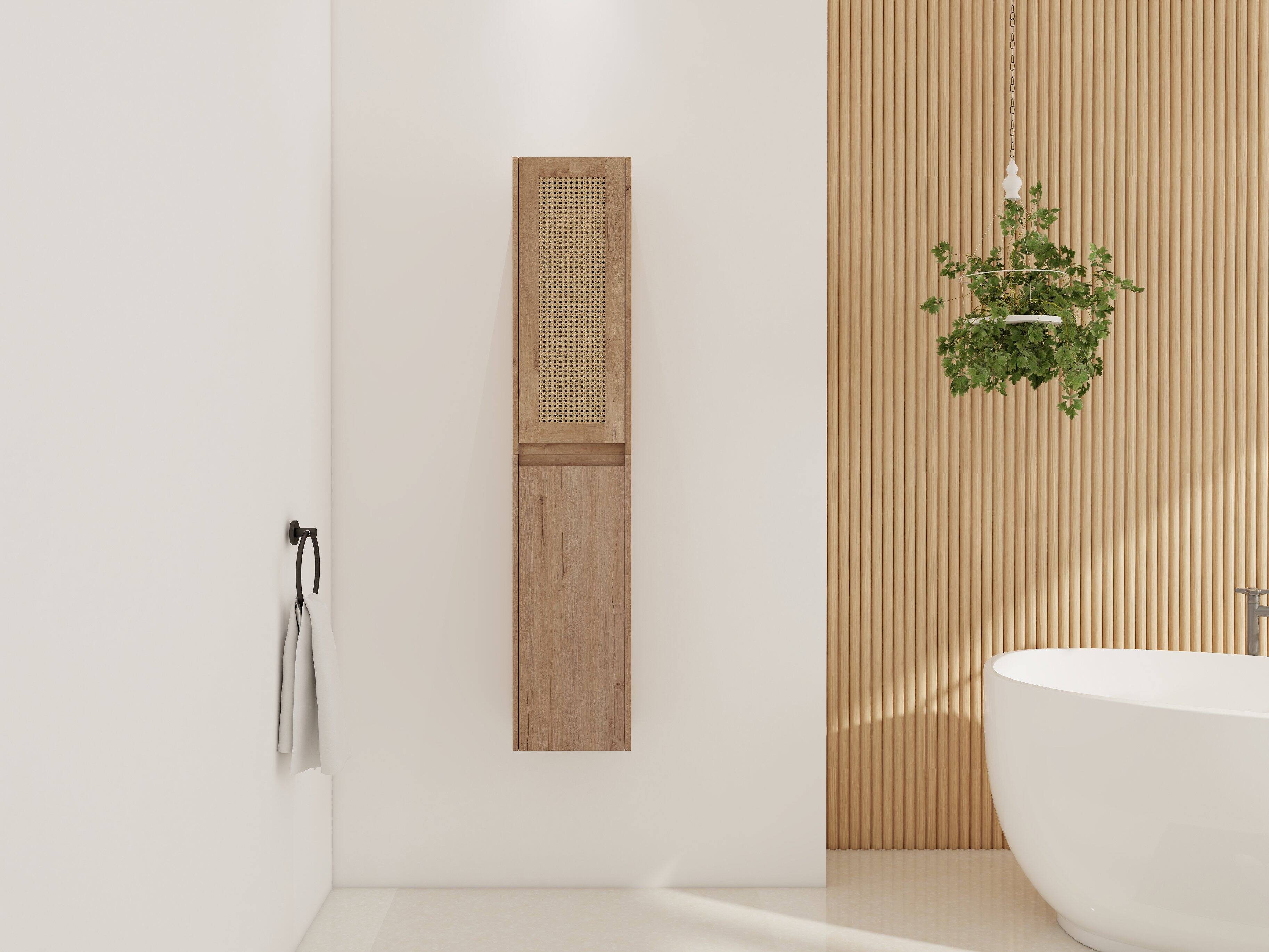 Angle. TinyHomie - 12in Bathroom Side Cabinet Soft Close Doors Float Mounting Design KD-Packing - Imitative Oak.