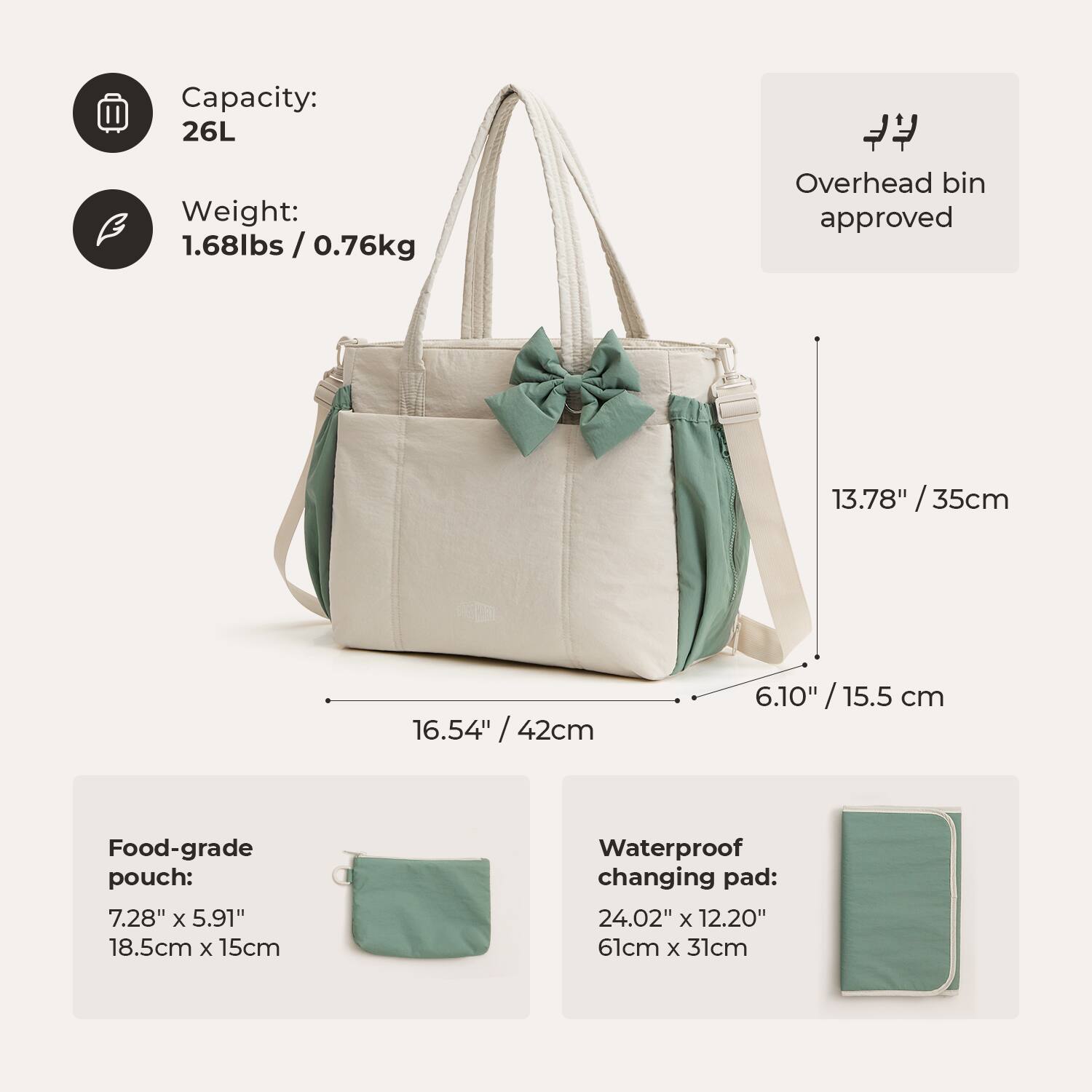 Capacity: 26L  
Weight: 1.68lbs / 0.76kg  
Overhead bin approved  

13.78" / 35cm  
16.54" / 42cm  
6.10" / 15.5 cm  

Food-grade pouch: 7.28" x 5.91" / 18.5cm x 15cm  
Waterproof changing pad: 24.02" x 12.20" / 61cm x 31cm