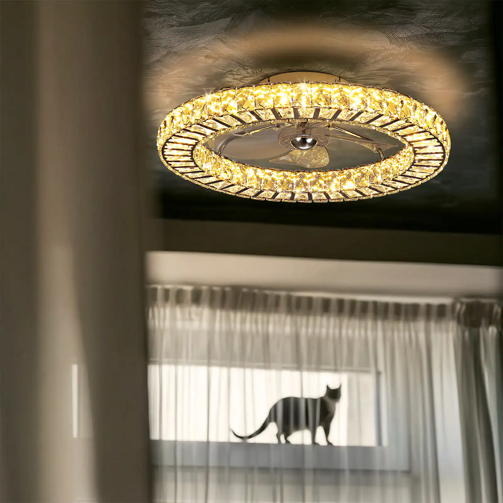 Left. Siljoy - 22 Inch Low Profile Crystal Flush Mount Ceiling Fan with Light, Nickel Finish, Dimmable LED Fan with Remote for Bedroom - Gold.