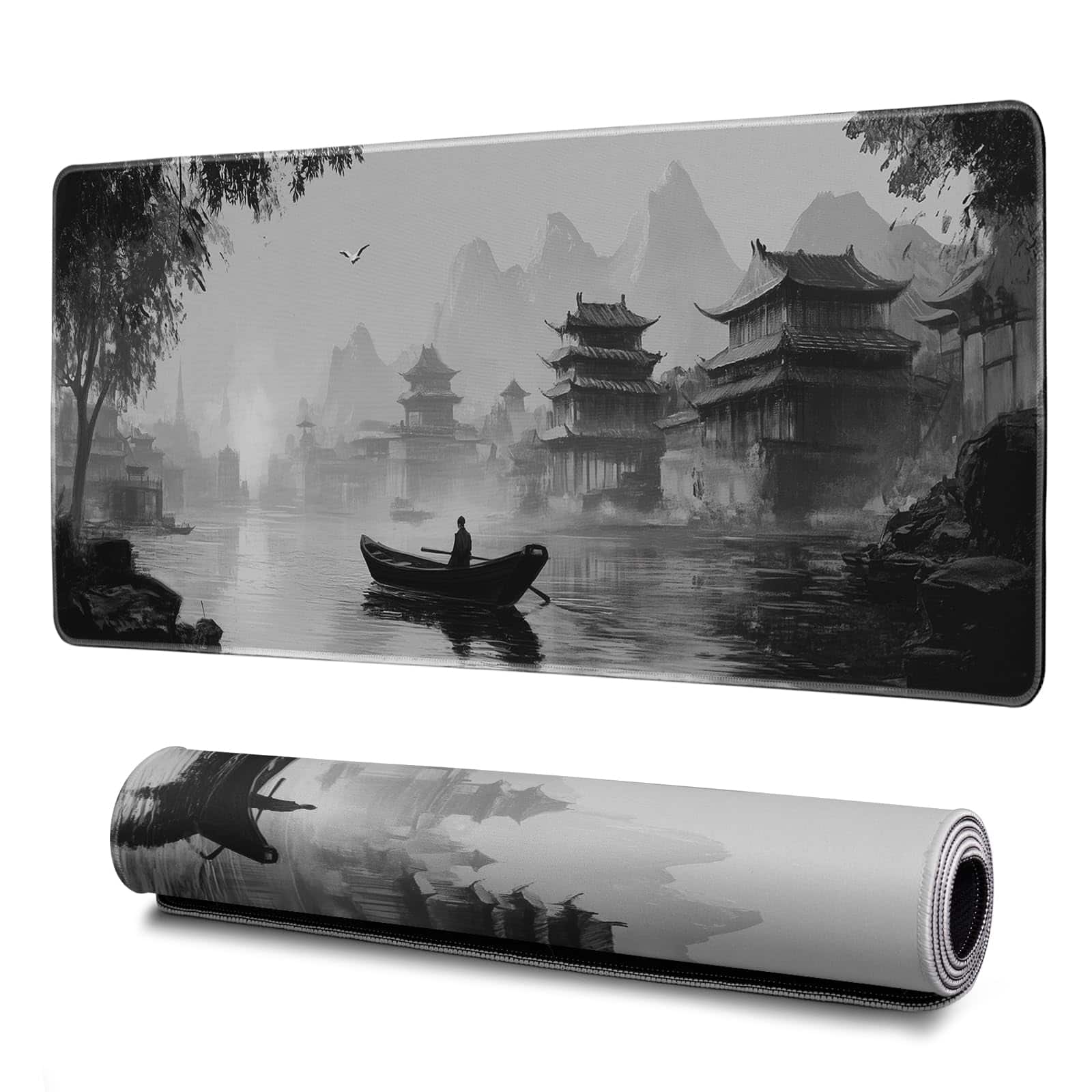 Earthley Blooms - Gaming Mouse Pad Abstract Black 31.. Sea Wave Texture Non-slip Rubber Base Large Mousepad Stitched Edges Mat - Japanese Ink Landscape
