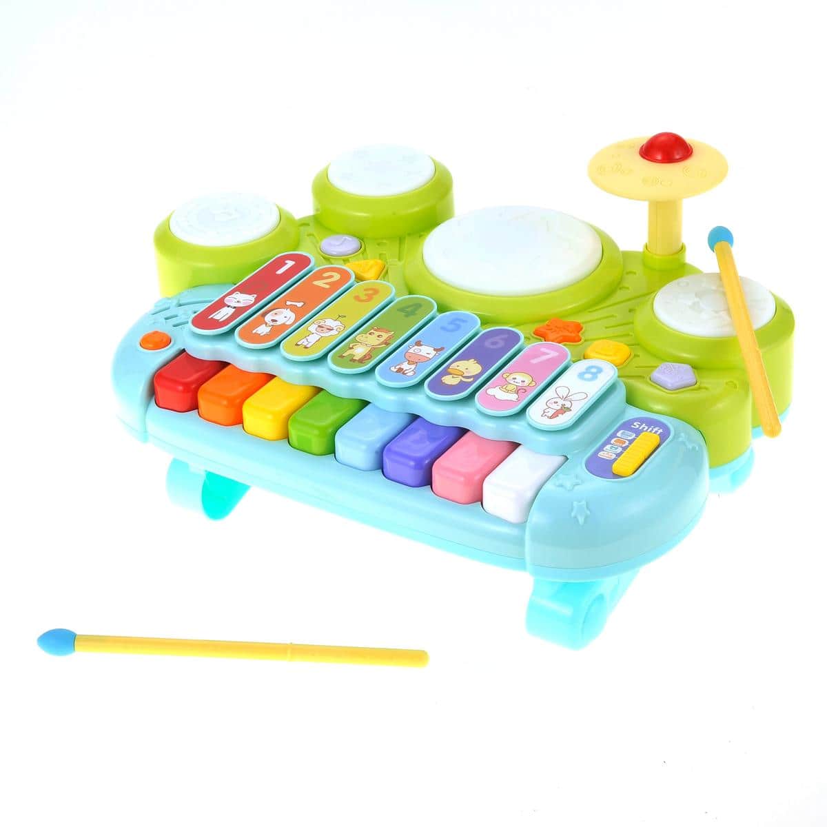 JuzToys - 3-in-1 Educational Kids Musical Toys – Kids Keyboard Piano, Xylophone, Drum Set for Toddlers, Blue/Green - Multi