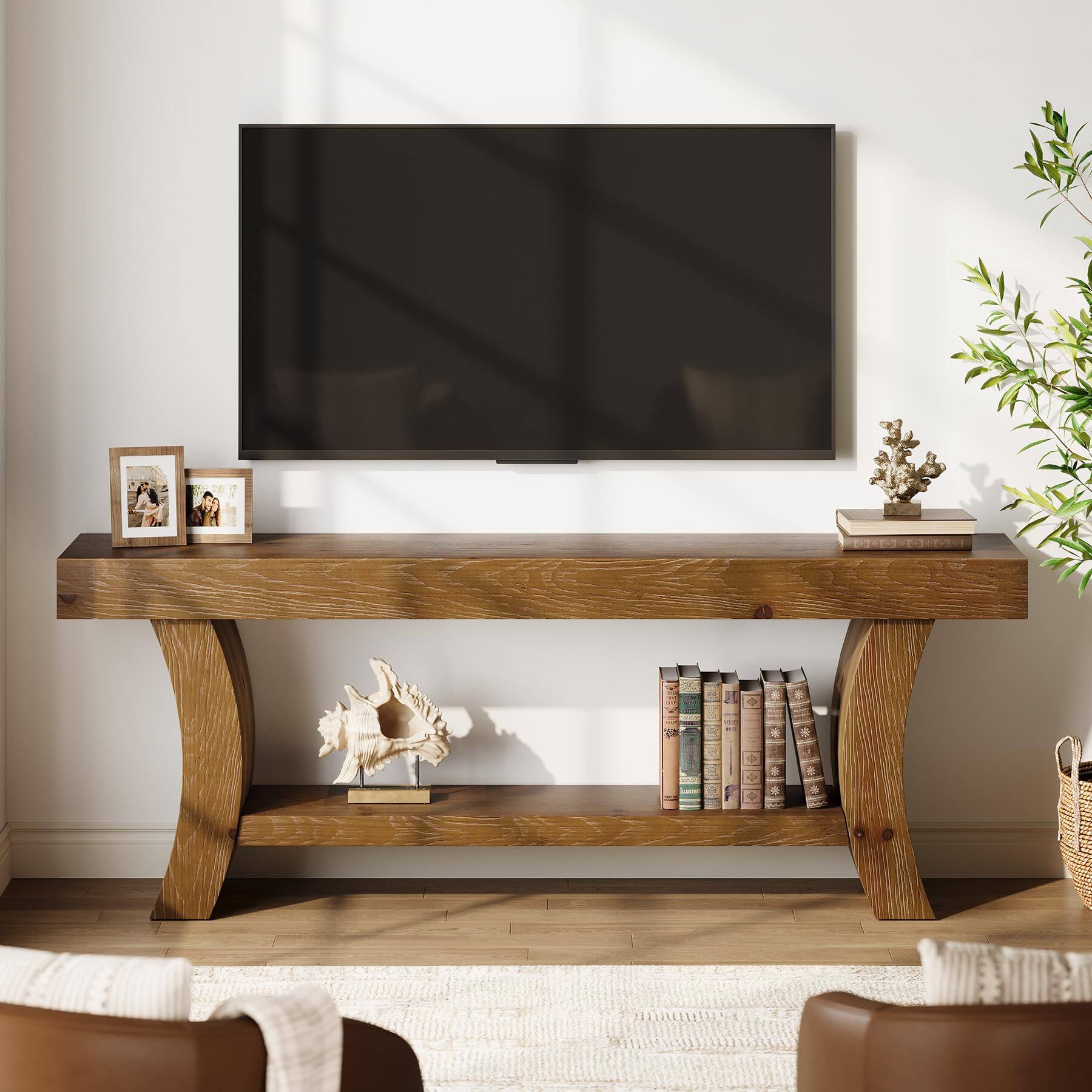 Left. Tribesigns - 63" Solid Wood TV Stand for 55/60/65/75" TVs, Farmhouse TV Console, Low Entertainment Center with Storage for Living Roo - Dark Brown.