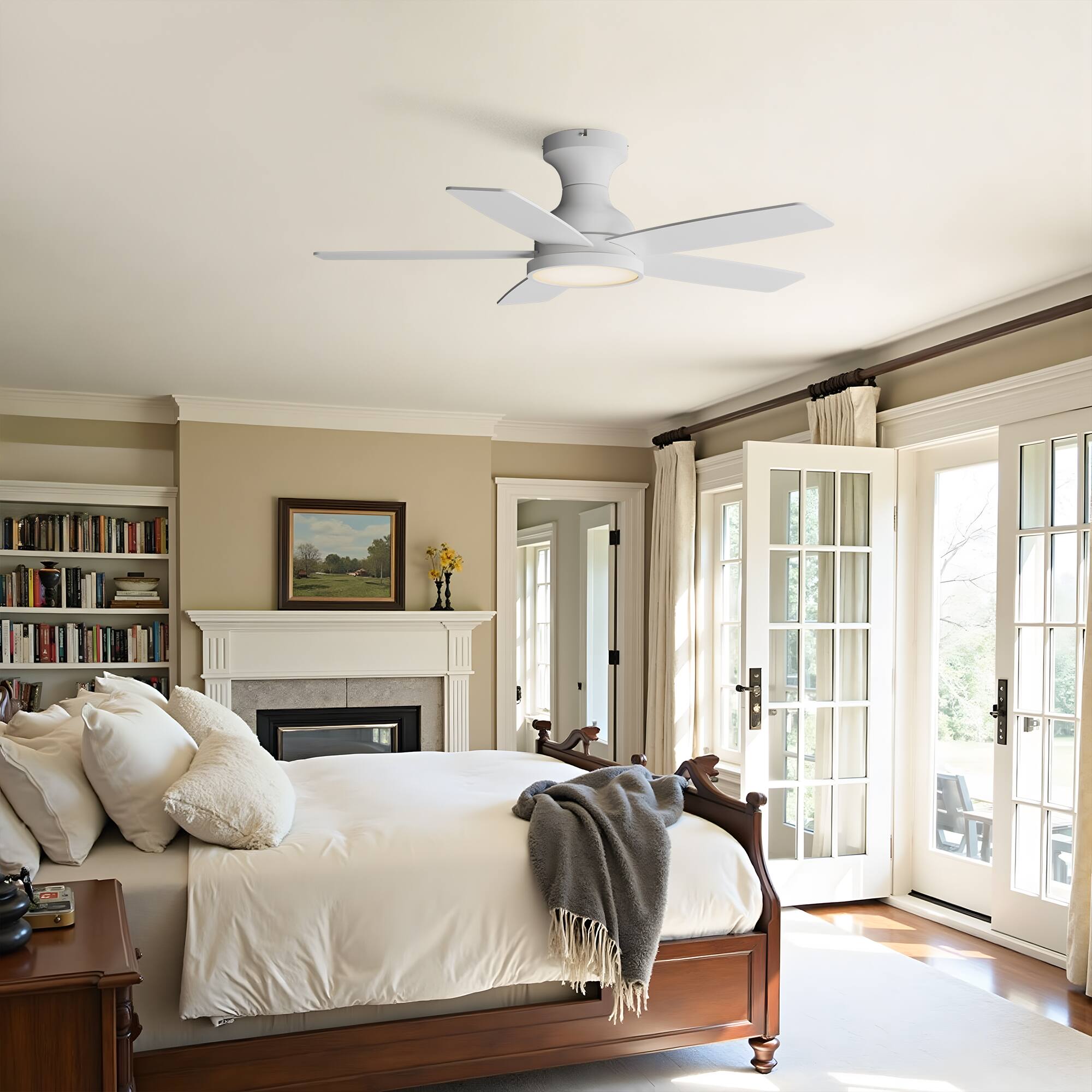 Left. Siljoy - 42 Inch 5 Blade Farmhouse Low Profile Flush Mount Ceiling Fan with LED Light and Remote for Bedroom Living Room - White.