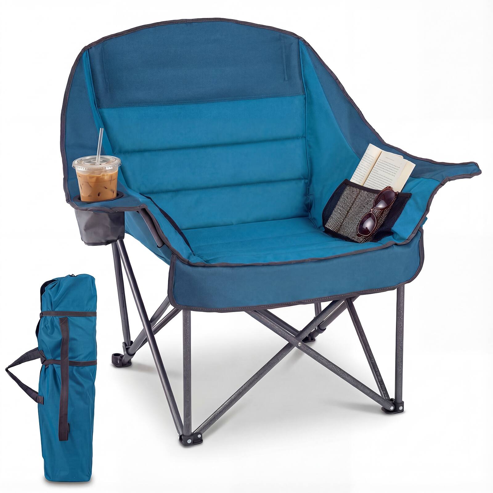 Front. Costway - Costway Oversized Camping Chair, Folding Upholstered Oxford Chair with Side Pockets - Blue.