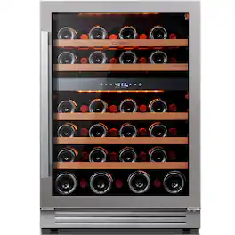Ca'Lefort - 24 inch 46-Bottle Wine cooler Refrigerator , Dual Zone 40-65°F, Glass Door, LED, Built-in/Freestanding, 5.65 cu.ft - Stainless Steel