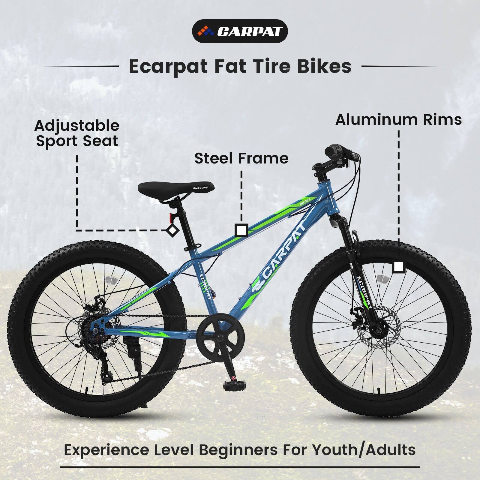 CARPAT Ecarpat Fat Tire Bikes Adjustable Sport Seat Steel Frame Aluminum Rims Experience Level Beginners For Youth/Adults