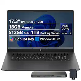 HP - Upgraded - OmniBook 3 17.3" FHD Laptop,Ultra 7 255U,16GB DDR5,512GB SSD+1TB Dock Set,Backlit,Wi-Fi 7,Win 11 Pro - Mica Silver