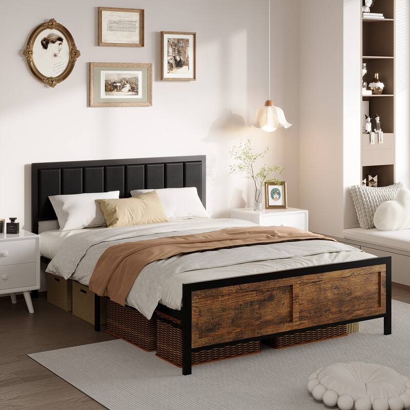 Alt View 1. Dyonery - Bed Frame PU Leather Upholstered Headboard, Metal Platform Bed with Under Bed Storage,No Box Spring Needed,Easy Assembly - Brown.