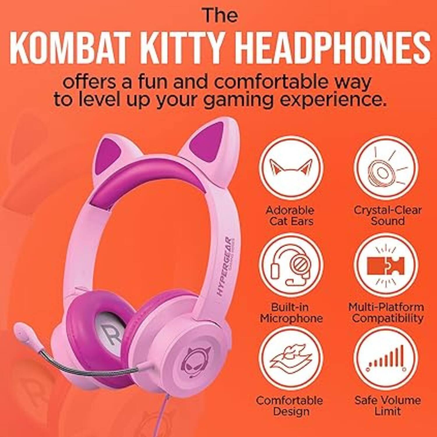 The KOMBAT KITTY HEADPHONES offers a fun and comfortable way to level up your gaming experience.

- Adorable Cat Ears
- Crystal-Clear Sound
- Built-in Microphone
- Multi-Platform Compatibility
- Comfortable Design
- Safe Volume Limit
