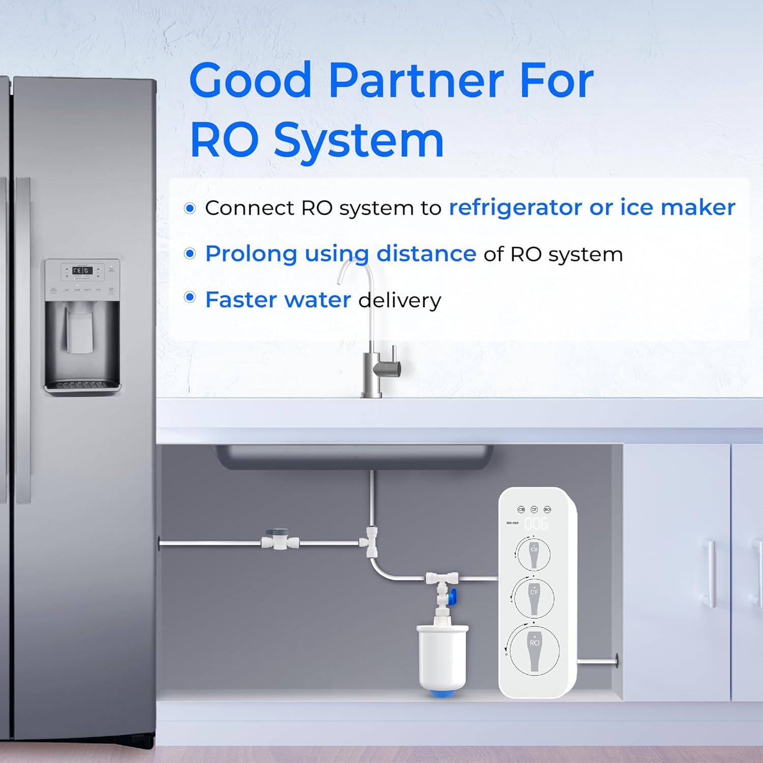 Good Partner For RO System

- Connect RO system to refrigerator or ice maker
- Prolong using distance of RO system
- Faster water delivery