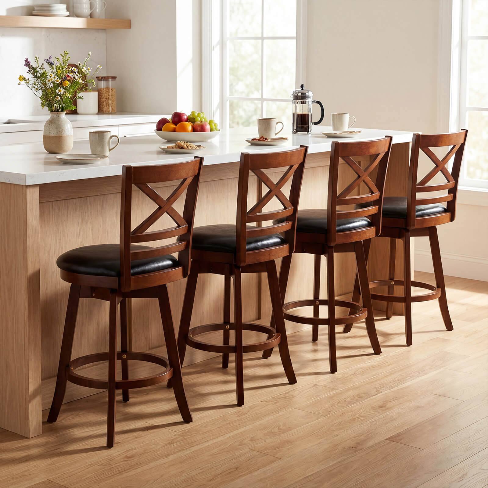 Alt View 1. Costway - Costway 25" Swivel Counter Barstools Set of 4 with Backrest & Faux Leather Upholstered Seat - Antique Walnut,Black.