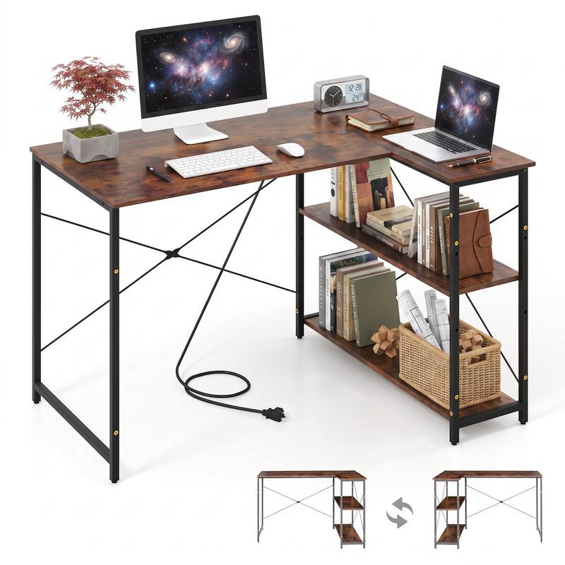Left. WELLFOR - 47" Reversible L Shape Desk  with Power Outlets& Adjustable Storage Shelves,Corner Computer Desk for Home Office Gaming - Rustic Brown.