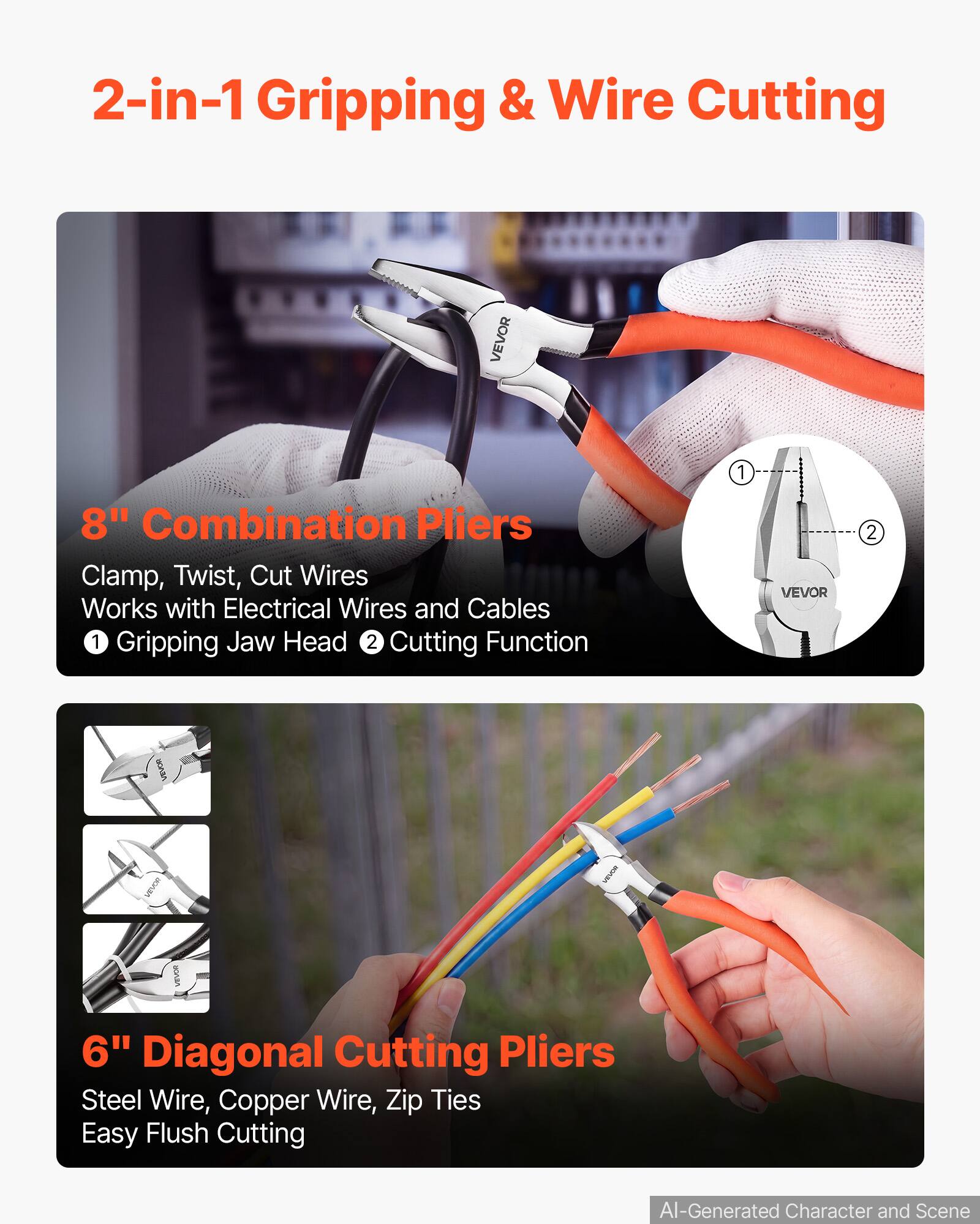 2-in-1 Gripping & Wire Cutting

VEVOR

1
8" Combination Pliers
Clamp, Twist, Cut Wires
Works with Electrical Wires and Cables
1 Gripping Jaw Head
2 Cutting Function

VEVOR

2

VEVOR
6" Diagonal Cutting Pliers
Steel Wire, Copper Wire, Zip Ties
Easy Flush Cutting