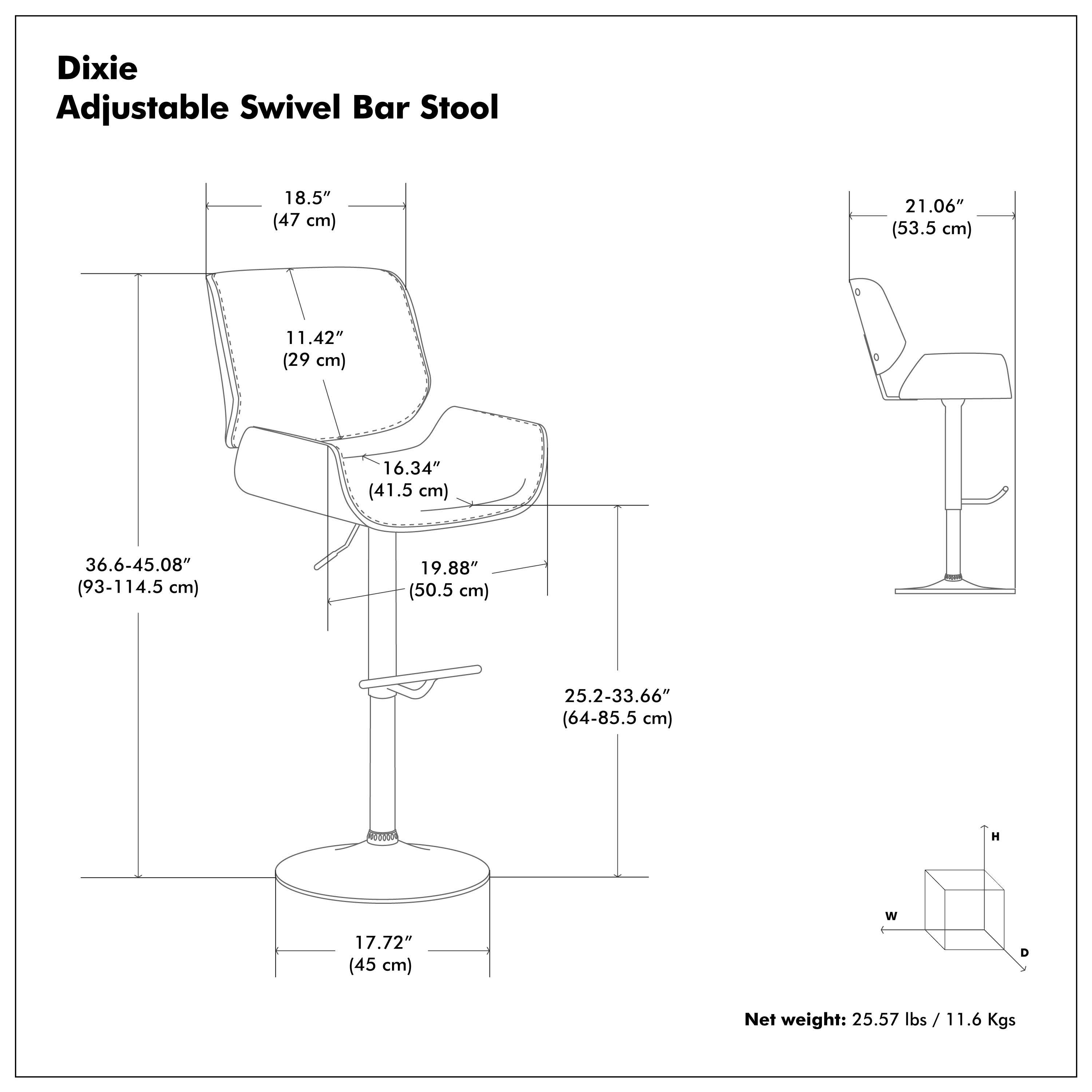 Dixie Adjustable Swivel Bar Stool

- Seat Height: 21.06" (53.5 cm)
- Seat Depth: 18.5" (47 cm)
- Seat Width: 16.34" (41.5 cm)
- Seat Depth: 11.42" (29 cm)
- Seat Height Range: 36.6-45.08" (93-114.5 cm)
- Seat Height Range: 25.2-33.66" (64-85.5 cm)
- Base Diameter: 17.72" (45 cm)
- Net Weight: 25.57 lbs / 11.6 Kgs