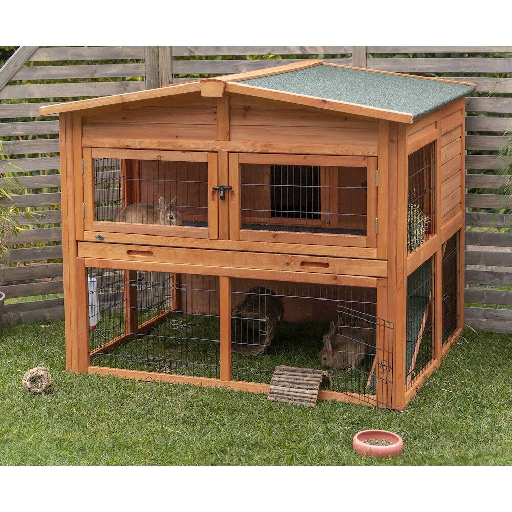 Angle. TRIXIE - Deluxe Weatherproof Outdoor 2-Story Large Wooden Small Animal Hutch, Run, Tray - Brown.
