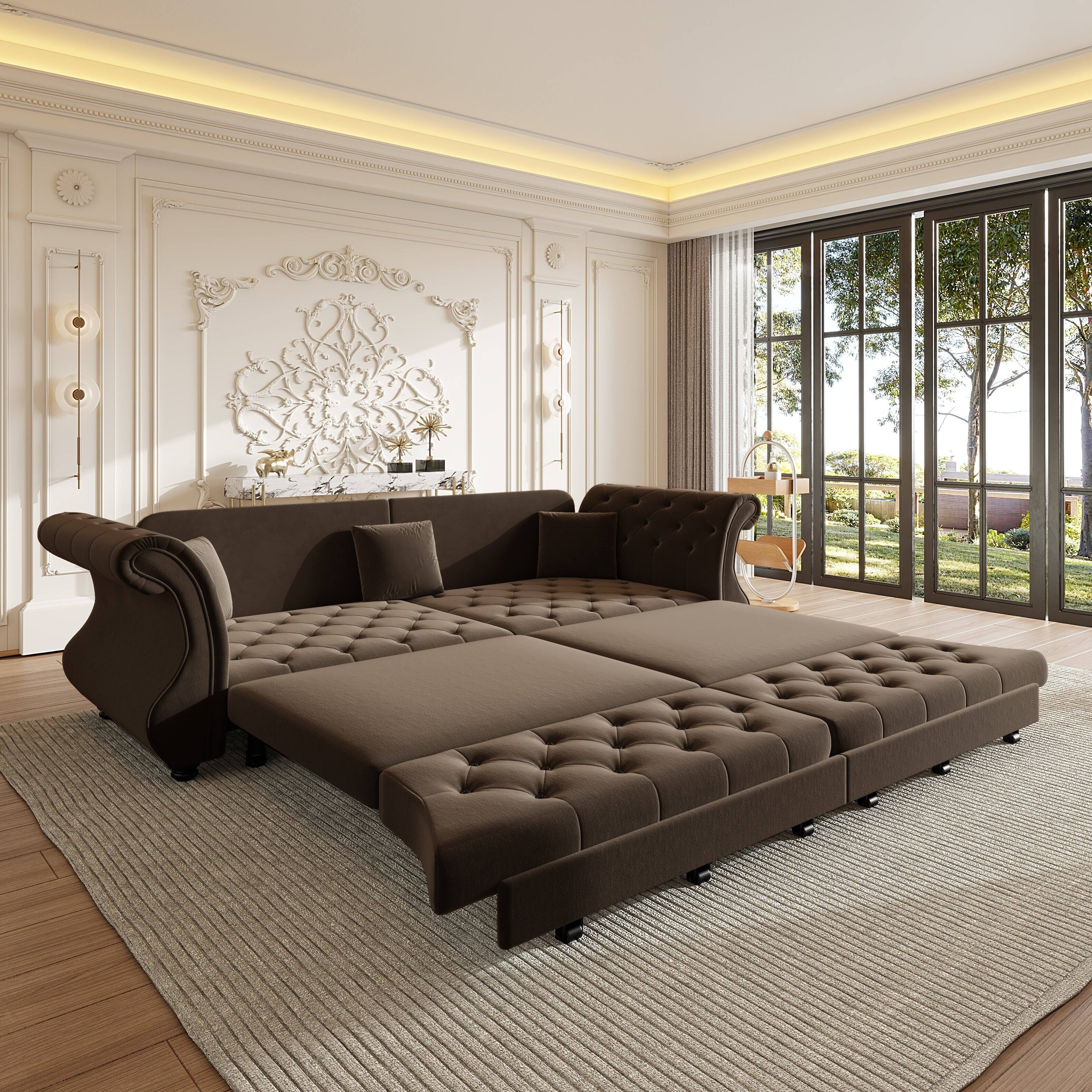 Angle. Anysun - 97.6" Oversized Velvet Chesterfield Pull-Out Sofa Bed - Classic Roll Arm, Flower Tufting for Living Room & Apartment - Brown.