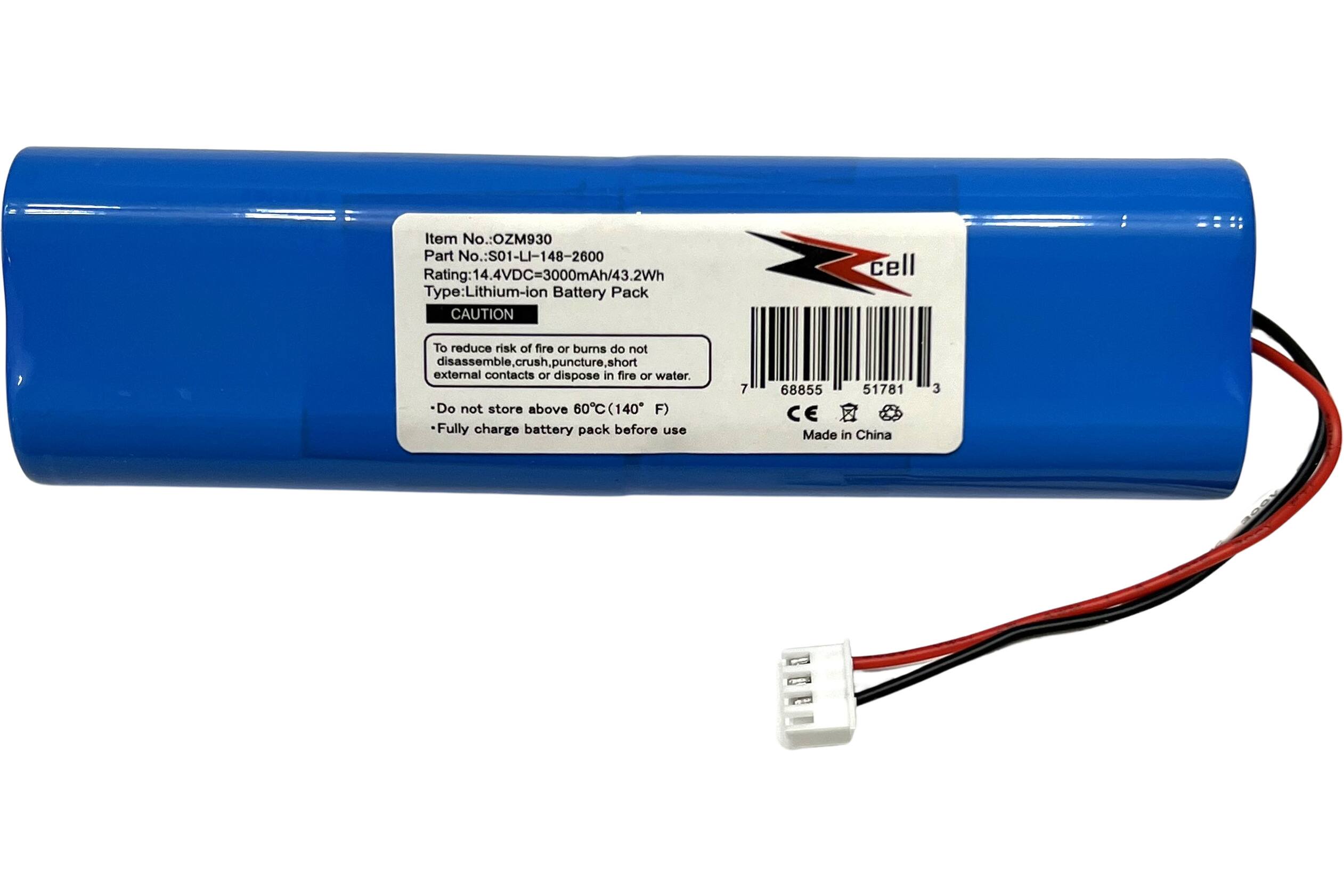 Item No. OZM930  
Part No. S01-LI-148-2600  
Rating: 14.4VDC=3000mAh/43.2Wh  
Type: Lithium-ion Battery Pack  

CAUTION  
To reduce risk of fire or burns do not disassemble, crush, puncture, short external contacts or dispose in fire or water.  
- Do not store above 60°C (140°F)  
- Fully charge battery pack before use  

CE  
Made in China  

68855 51781