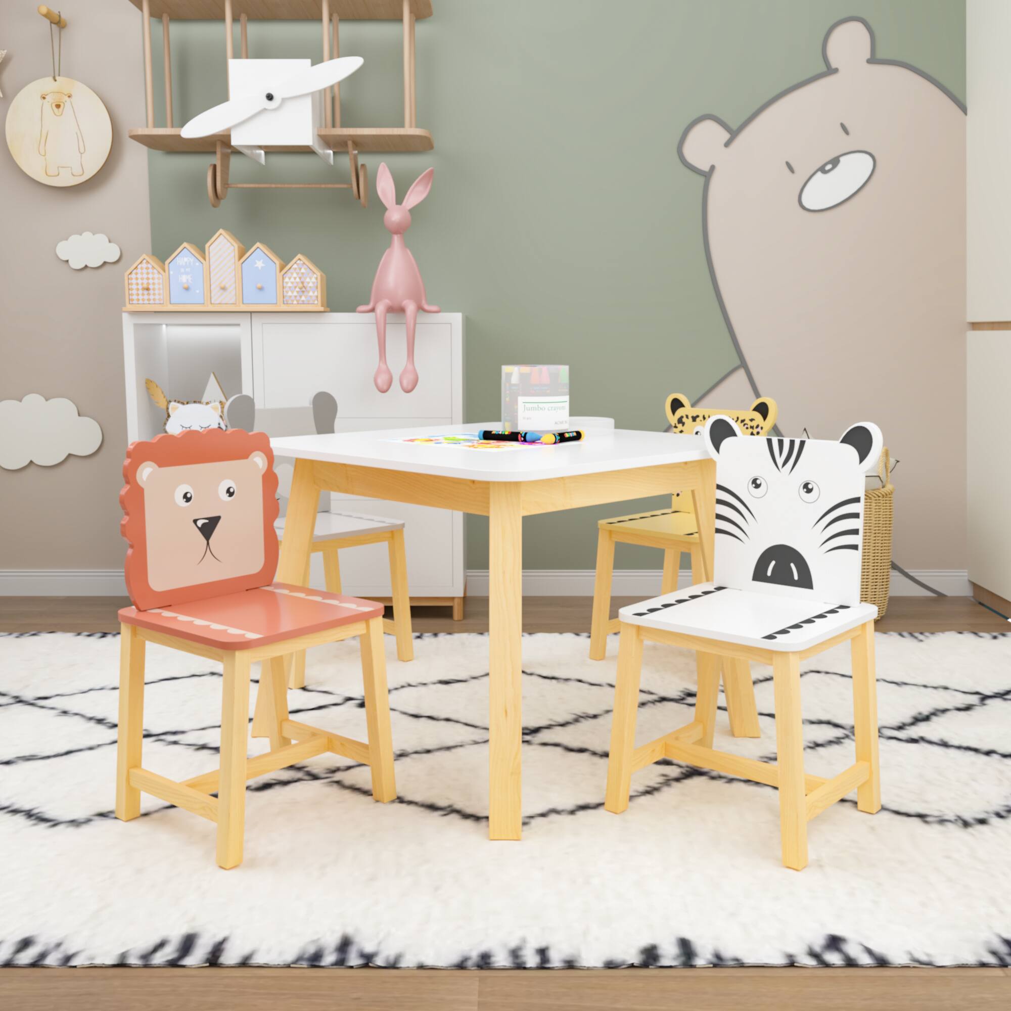 Alt View 4. Tiramisubest - 5 Piece Kiddy Table and Chair Set, Kids Wood Table with 4 Chairs Set Cartoon Animals (bigger table) (3-8 years old) - White.