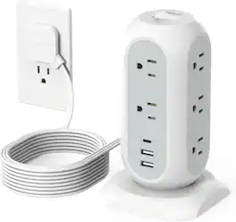 TESSAN - 1050J ,10 Ft Long Flat Plug Extension Cord Plug,Tower Surge Protector Power Strip with 11 AC and 3 USB Ports(1 USB C) - Gray