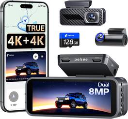 pelsee - 4K+4K Dash Cam Front and Rear, 128GB Card, 8MP Dual HDR, 5.8GHz WiFi, GPS, Voice Control, Full Color Night - Black