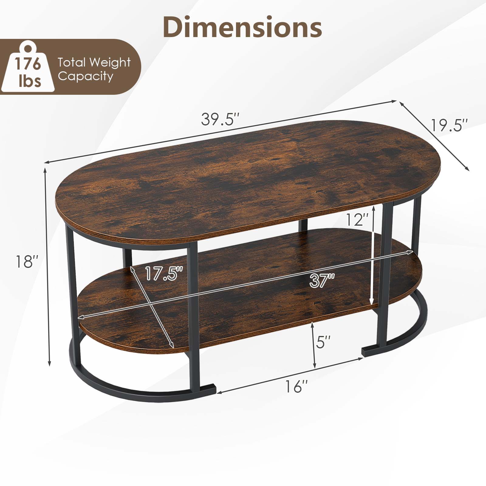 Dimensions  
- Total Weight Capacity: 176 lbs  
- Length: 39.5"  
- Width: 19.5"  
- Height: 16"  
- Shelf Depth: 12"  
- Shelf Height: 17.5"  
- Leg Width: 5"  
- Leg Height: 18"