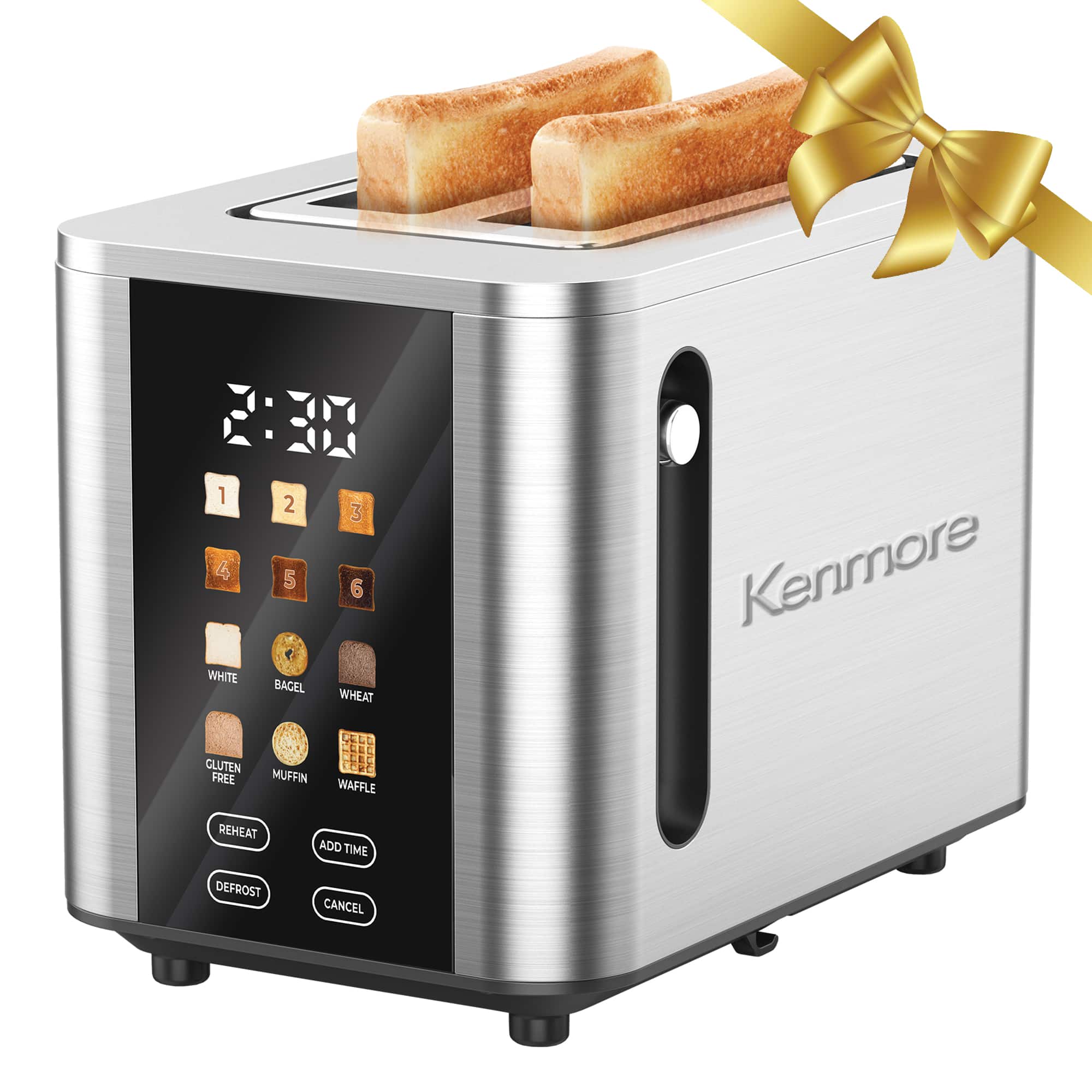 Kenmore - 2-Slice Digital Toaster with Color Touchscreen, 6 Shade Settings, Extra Wide Slots, Customizable Presets, Reheat - Stainless Steel