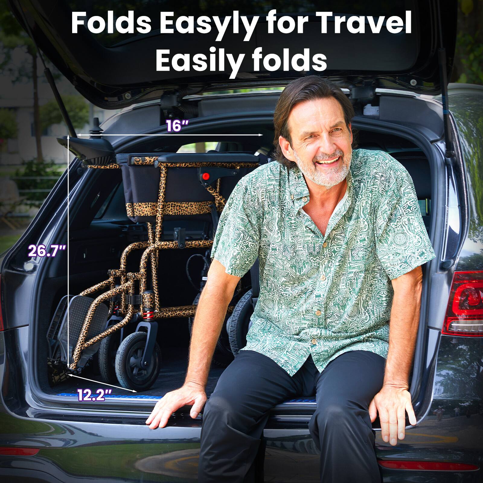 Folds Easily for Travel  
Easily folds  
16" 26.7" 12.2"