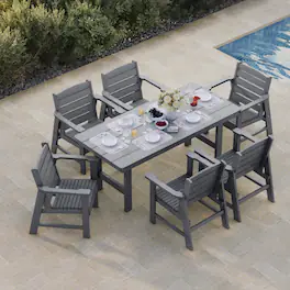 Fortune Candy - HDPE Patio Dining Set, 7-Piece Poly Lumber Table & Chairs with Umbrella Hole, Weather-Resistant for Porch Yard Garden - Gray