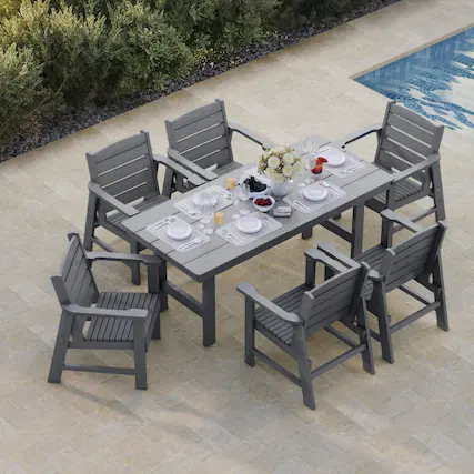 Front. Fortune Candy - HDPE Patio Dining Set, 7-Piece Poly Lumber Table & Chairs with Umbrella Hole, Weather-Resistant for Porch Yard Garden - Gray.