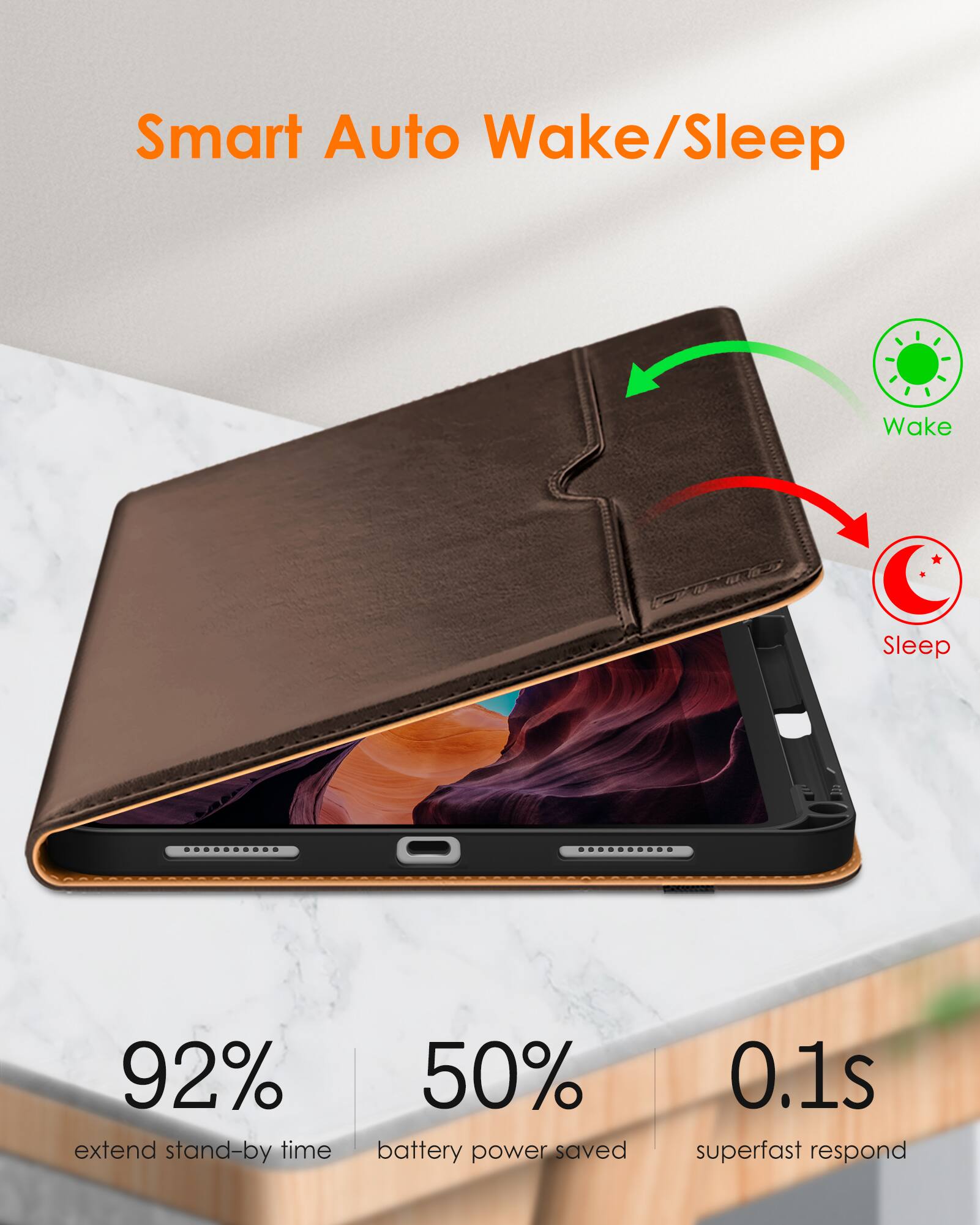 Smart Auto Wake/Sleep

- 92% extend stand-by time
- 50% battery power saved
- 0.1s superfast respond

Wake
Sleep